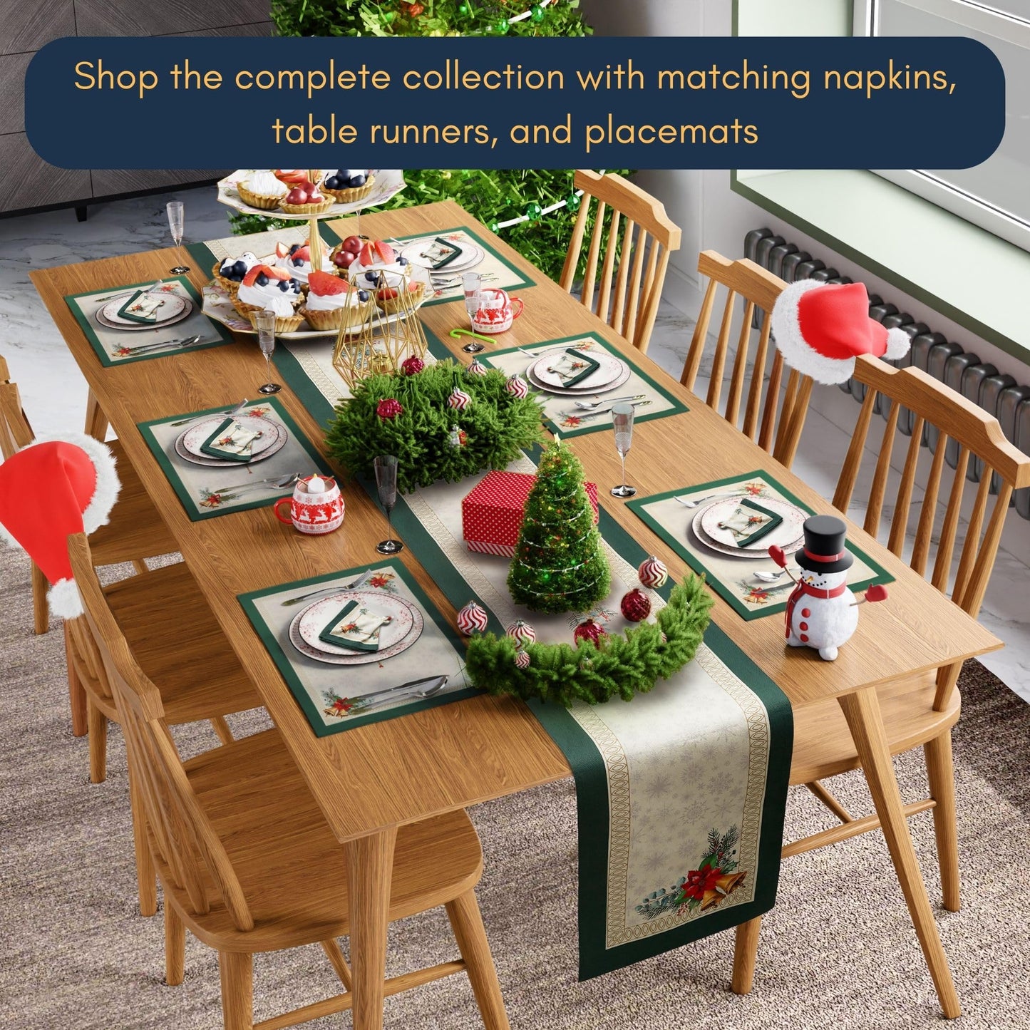 Christmas Placemats Set of 4 – 100% Canvas Cotton, Green Gold & White Floral Screen Print, Holiday & Winter Table Mats, 14x19 Inch, Washable Reusable, Gift-Boxed Sustainable Dining & Kitchen Christmas