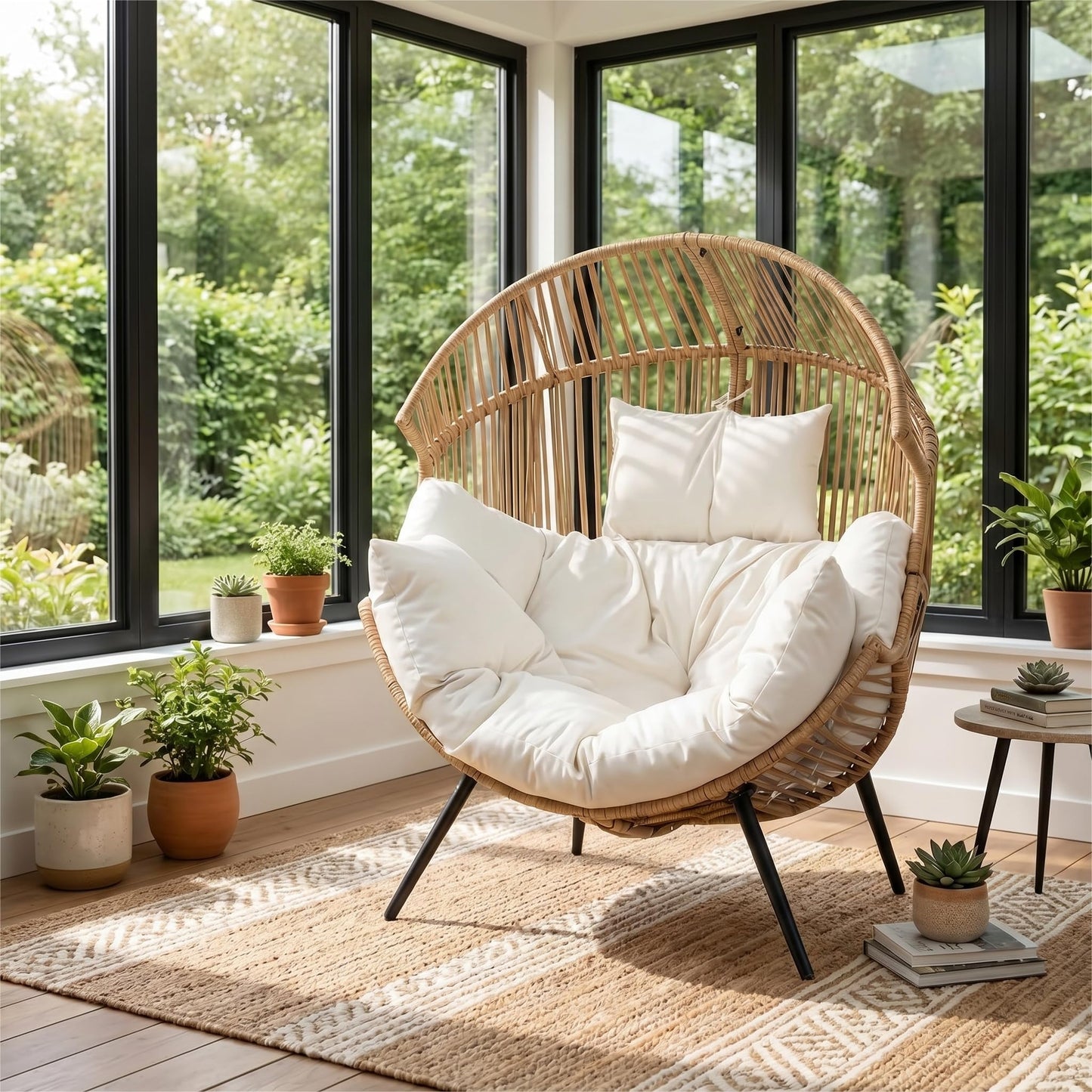 Oversized Outdoor Wicker Egg Chair Set of 2, Patio Lounge Chair Basket Seat with Thick Cushion, All Weather Indoor Outdoor Porch Rockers for Balcony, Living Room, Lawn Garden