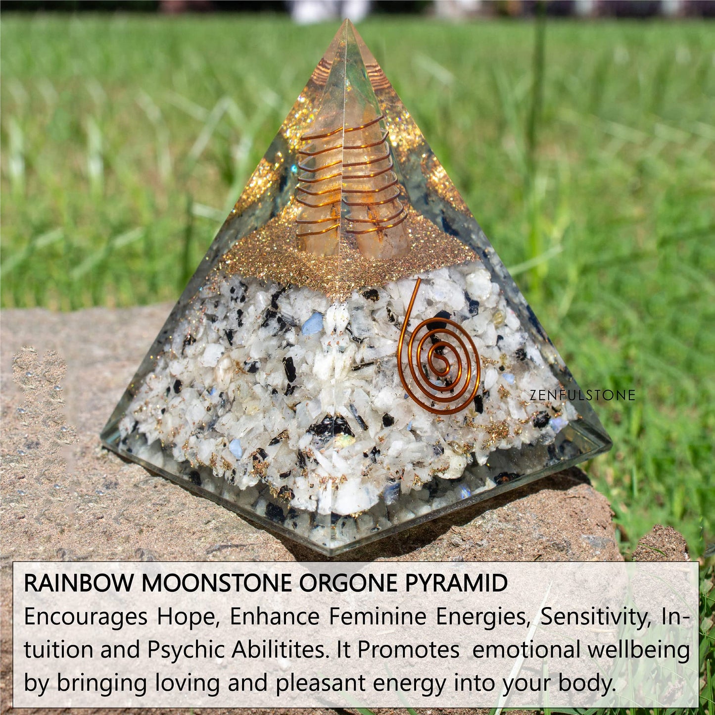 Rainbow Moonstone Orgonite Pyramid for Joy, Intuition and Spiritual Awareness | Orgonite Orgone Crystal pyramid with Copper Coil and Crystal Quartz for Chakra Protection (Rainbow Moonstone)
