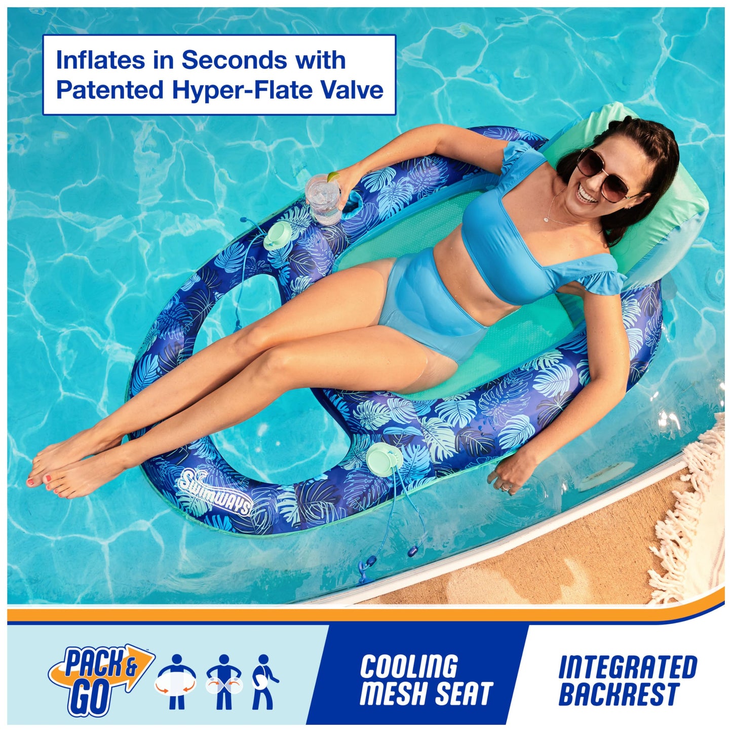 Swimways Elite Spring Float Recliner Pool Lounge Chair, Inflatable Pool Floats with Fast Inflation, Pool Recliner for Adults up to 250 lbs