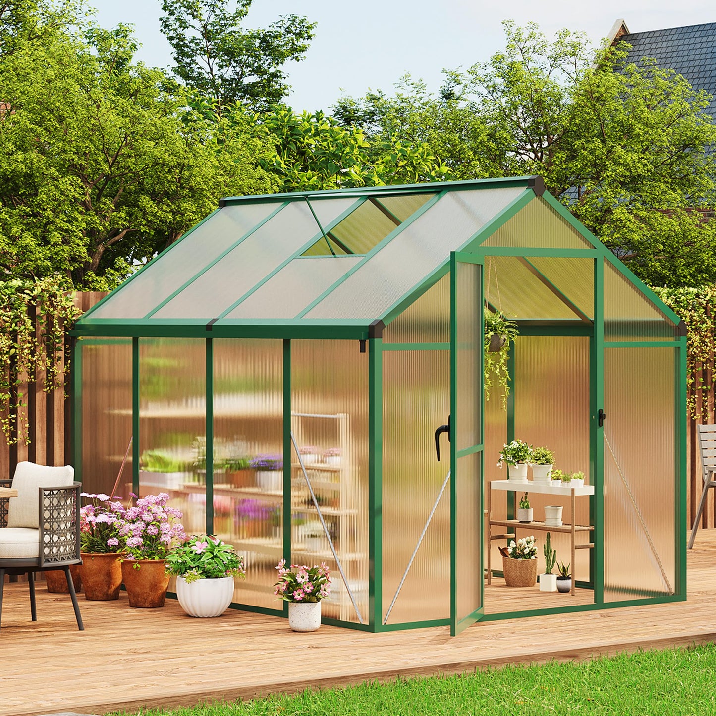 6X8Ft Polycarbonate Greenhouse Sunroom with Aluminum Frame, Outdoor Greenhouse for Vegetables Herbs Flowers, Lockable Door & Adjustable Roof Vent, Patio Backyard Greenhouse Kit for Gardening Green