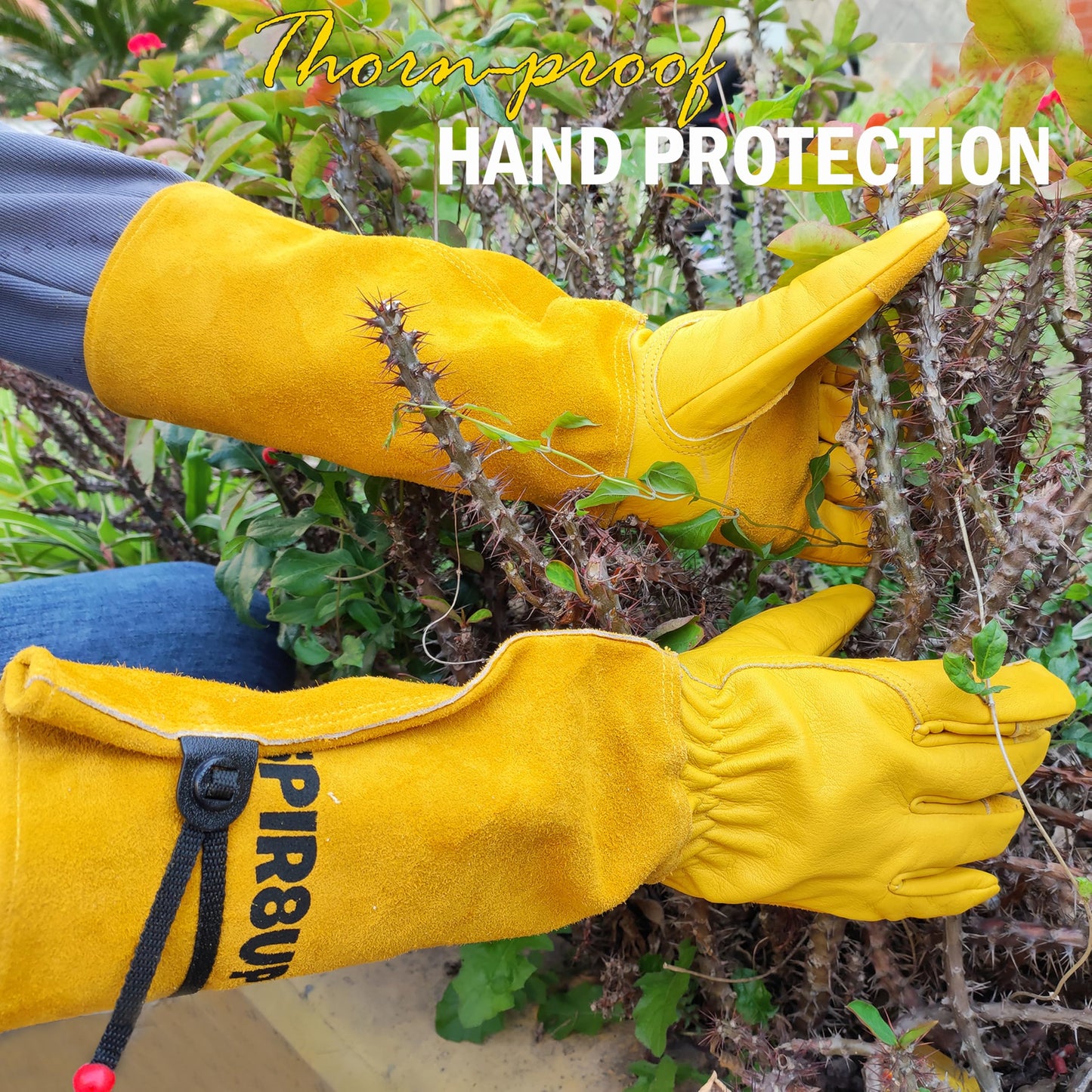 SPIR8UP Cowhide Rose Pruning Gloves, Thorn Proof Long Gardening Gloves for Women & Men, Durable Gauntlet for Cactus Handling (Yellow, Medium)