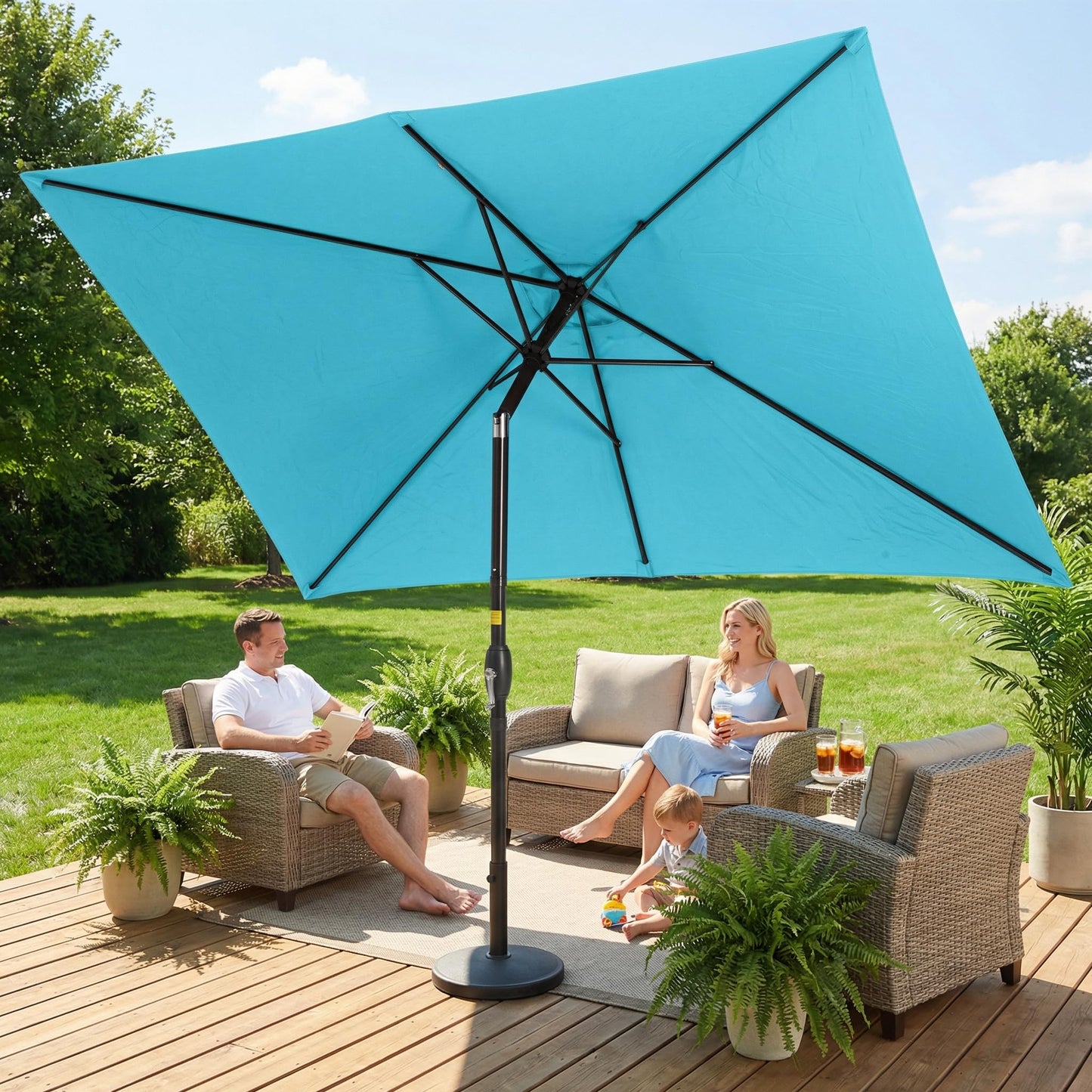 Wisteria Lane Patio Umbrella, Rectangular Patio Umbrella, Metal Pole Square Outdoor Umbrella with Crank and Push Button Tilt, Large Outdoor Umbrella with Polyester Canopy, Light Blue
