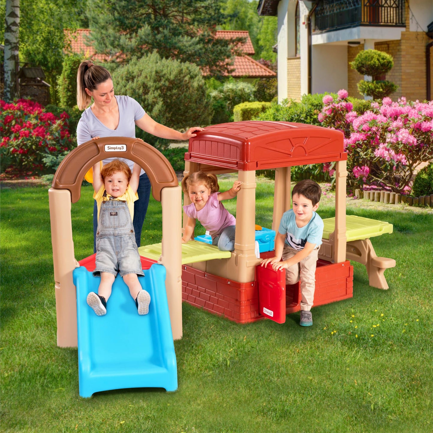 Simplay3 Sunny Slide and Climb Picnic Playhouse - Indoor or Outdoor Backyard Playset for Kids with Kitchen, Picnic Table, Toddler Slide, Working Door, Kids Ages 18 Months to 6 Years