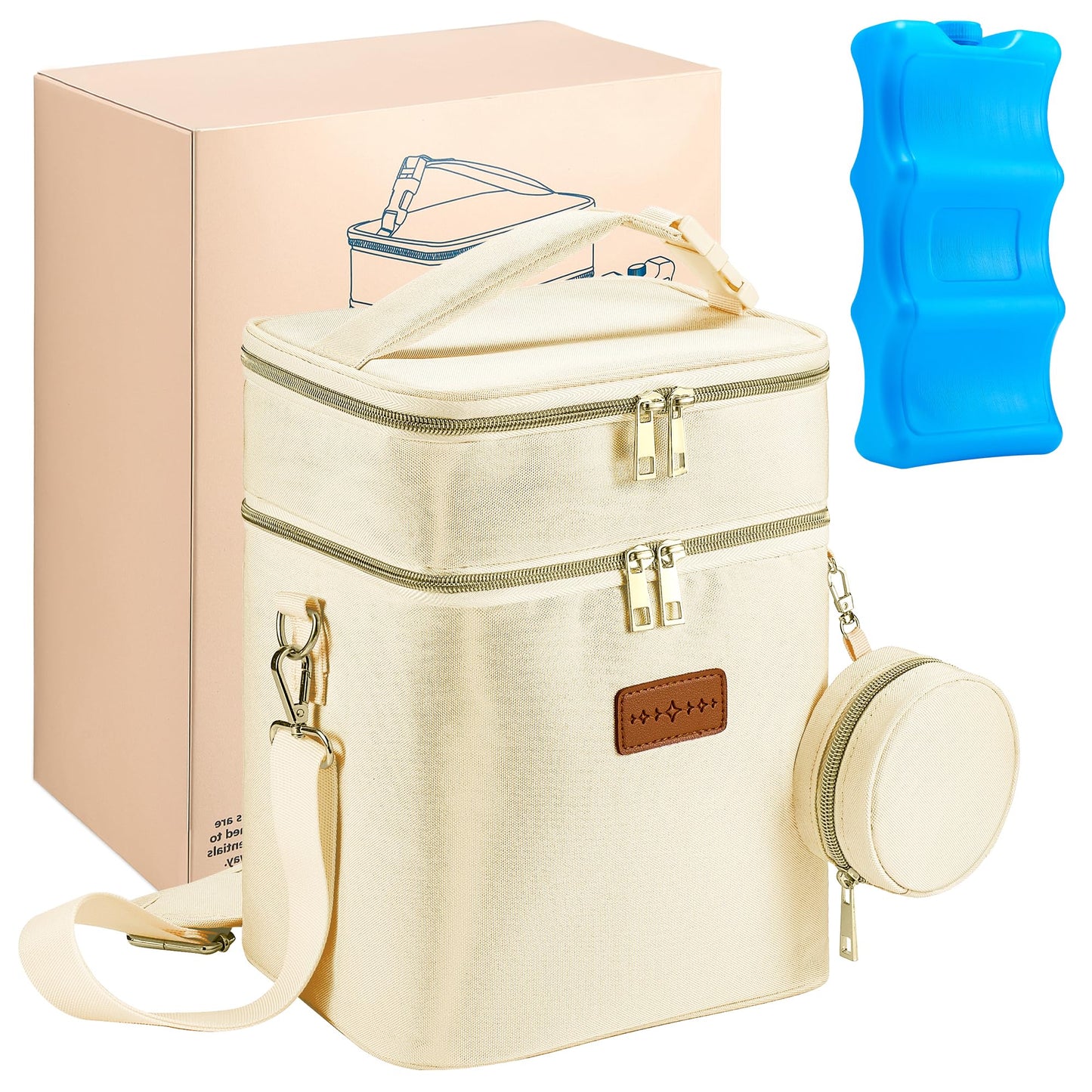 Breast Milk Cooler Bag with Ice Pack, Breastmilk Cooler Travel Bag Fits 6 Bottles up to 9 oz, Double Layer Insulated Baby Bottle Cooler & Breast Pump Storage Bag for Working Nursing Moms, Beige