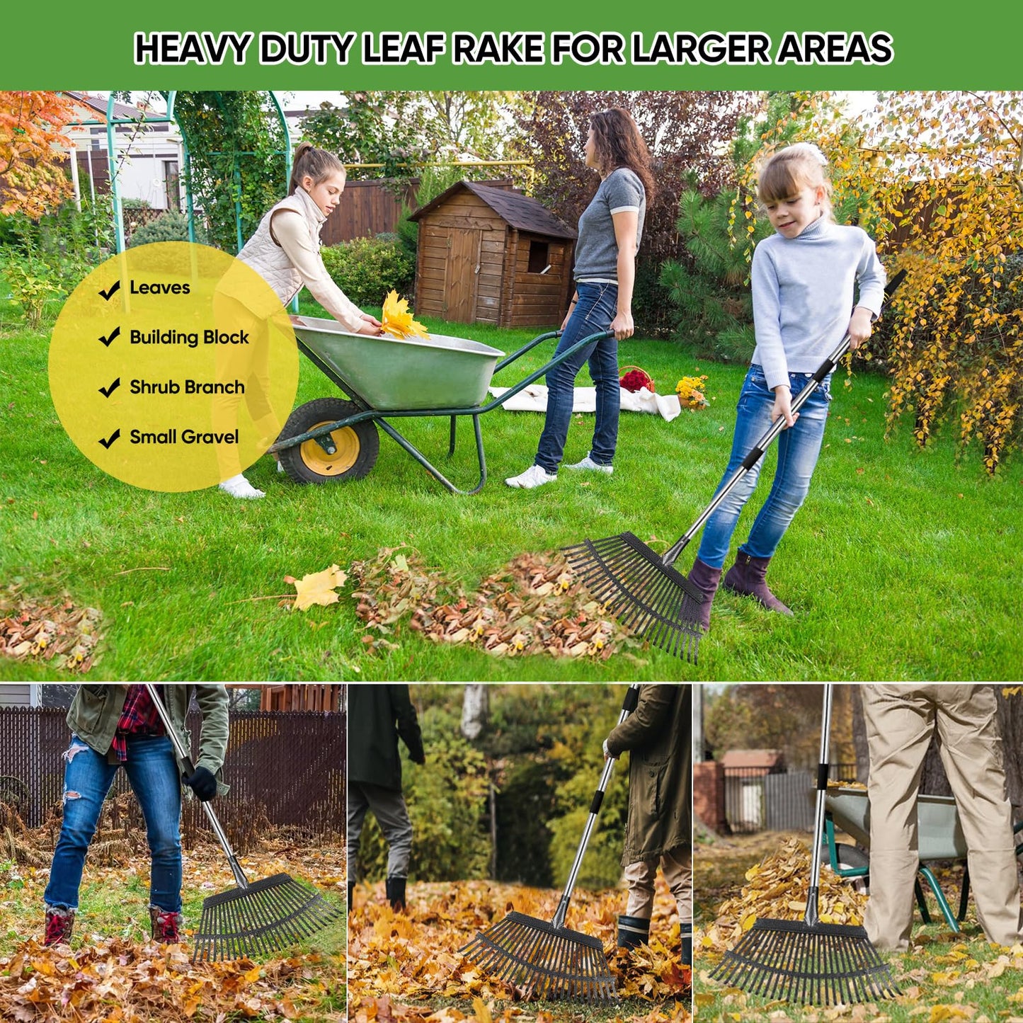 Coopvivi Rake Heavy Duty 6FT Long Garden Rake , 18.5 Inch Wide Leaf Rake for Lawns, 25 Metal Tines, Adjustable Stainless Steel Handle, Rakes for Leaves, Yards, Grass, Garbage, Weeds, Debris (Black)