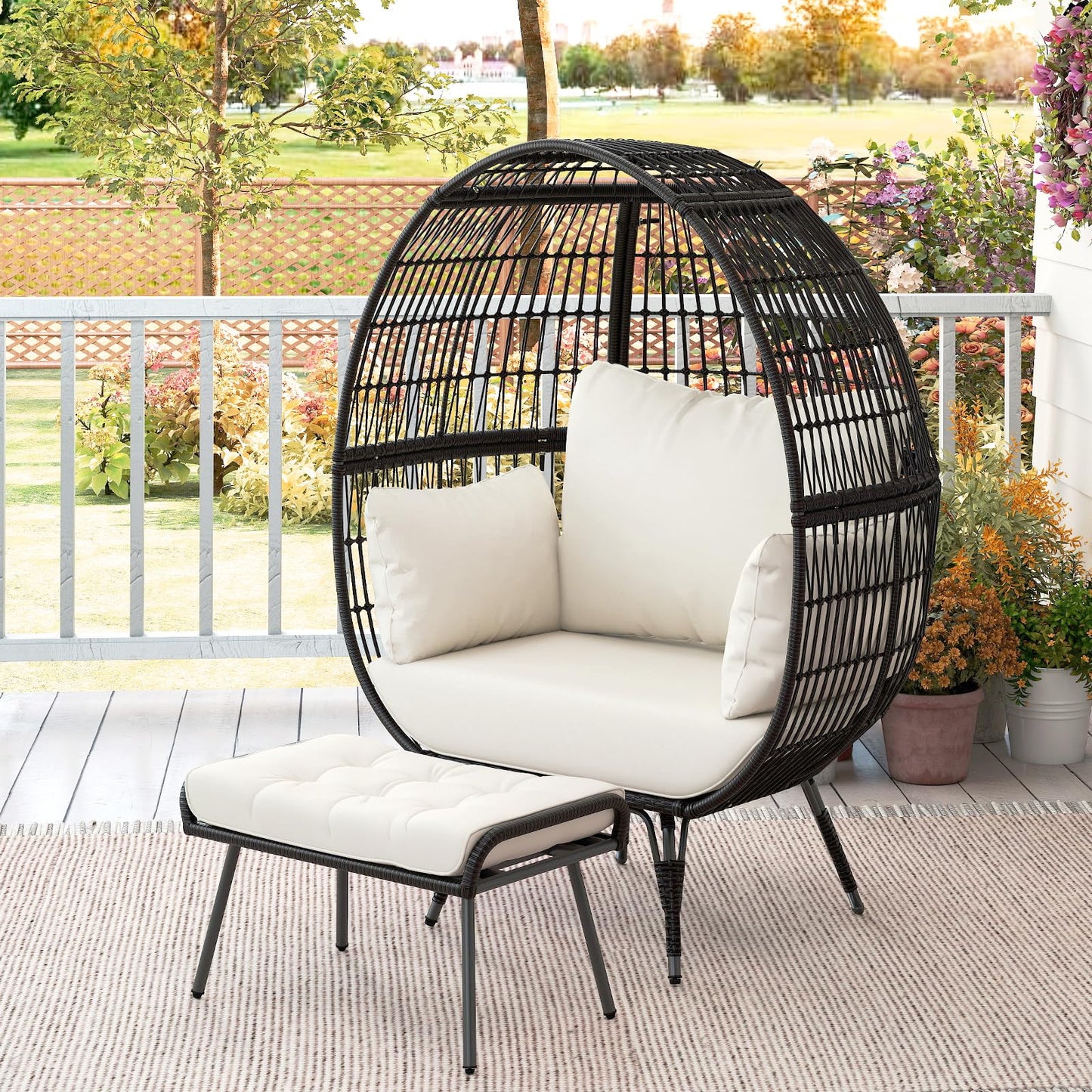 Tangkula Oversized Wicker Egg Chair with Ottoman, Patio Lounge Basket with 5 Soft Cushions, Stable Metal Frame, Gorgeous Indoor Outdoor Lounge Chair, Ideal for Living Room, Backyard, 450 LBS Max Load