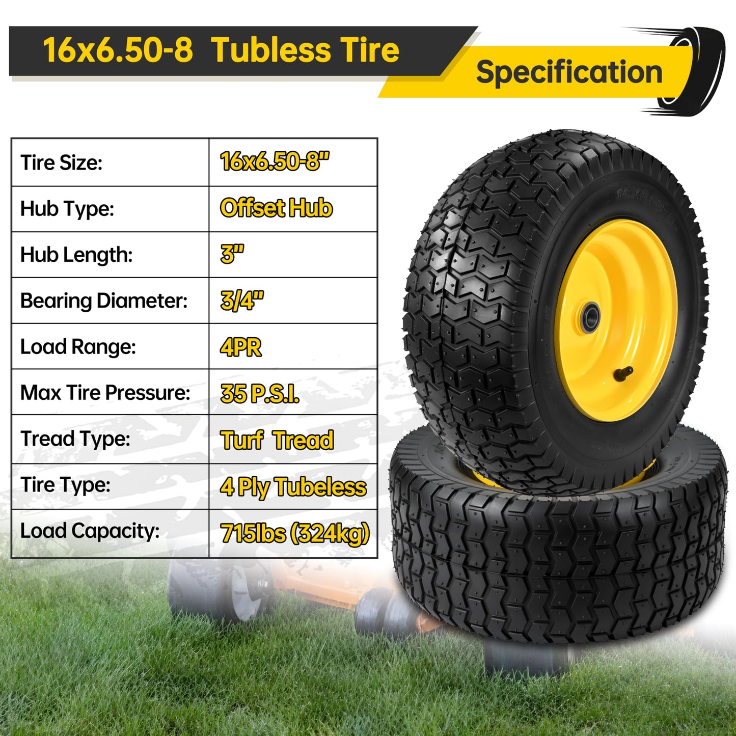 2 Pcs 16x6.50-8 Tubeless Lawn Mower Tire and Wheel, 16x6.5-8 Lawn Mower Tire, with 3/4" Bearing (extra 1" Bushing), 3-5" Offset Hub, 4-Ply Tubeless, 35 PSI, Fits Riding Mower & Lawn Tractors, 715 lbs