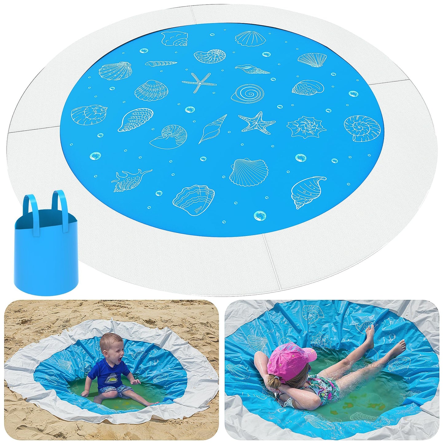 6.5 x 6.5 Feet Baby Beach Pool-Waterproof Kid Pool and Beach Blanket-2 in 1 PVC Toddler Paddling Pool for Infant Kids Boys and Girls