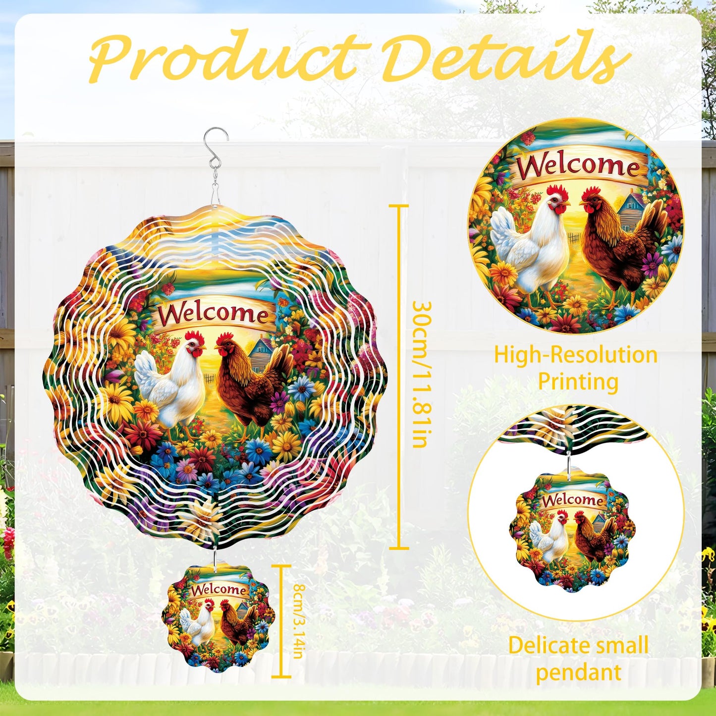 Chicken Wind Spinner Outdoor, Farmhouse Gift for Mom Women, Hanging Metal Wind Catcher with 3" Rooster Center Pendant, 12" 3D Stainless Steel Kinetic Art for Garden Yard