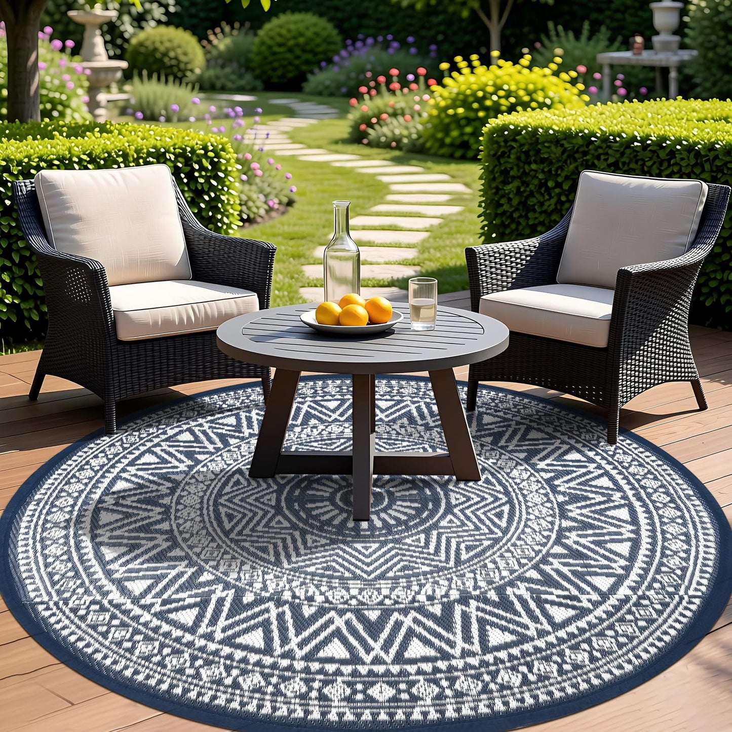famibay Outdoor Rug Waterproof 6ft Round, Reversible Boho Plastic Straw Patio Camping Area Rugs, Portable Indoor Outdoor RV Mat for Deck, Porch, Balcony, Backyard, Picnic, Beach, Pool, Blue & White