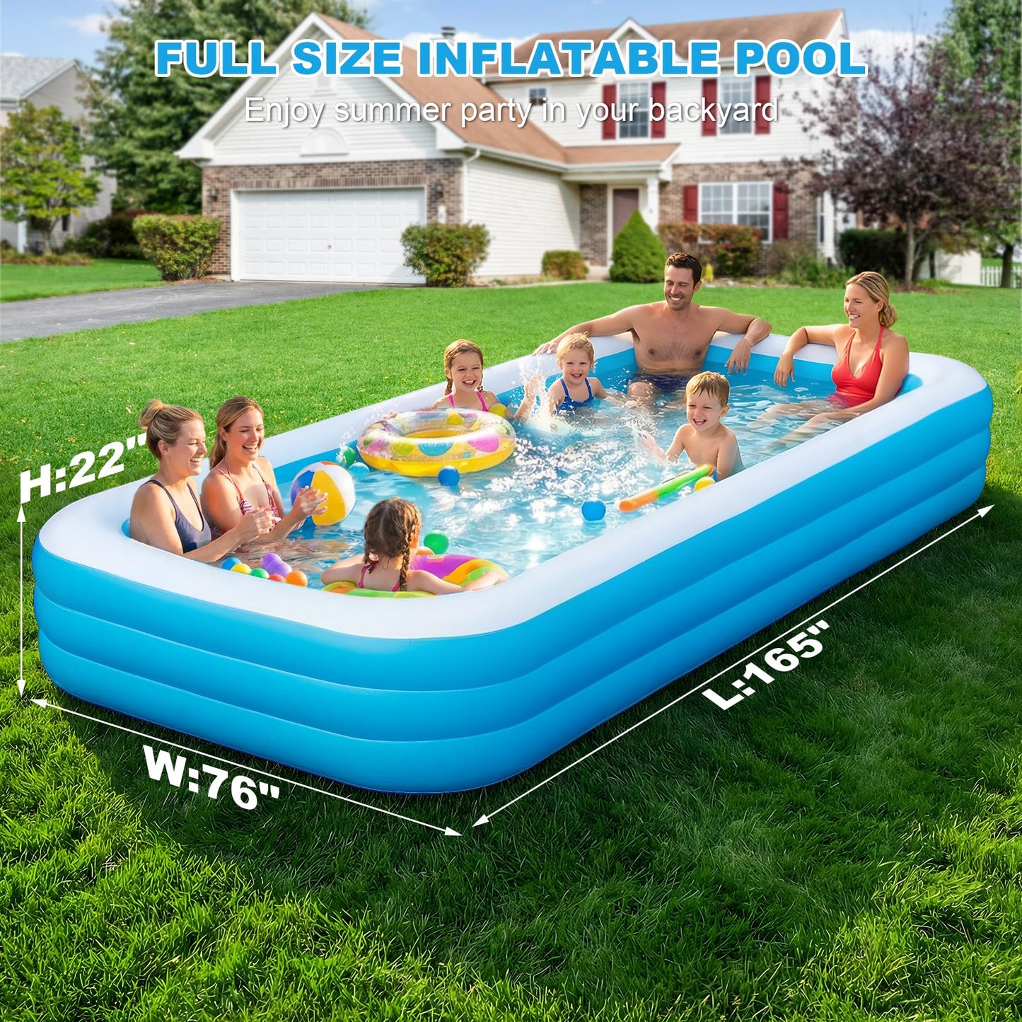 Large Inflatable Pool with Pump, 165" x 76" x 22" Oversized Thickened Blow Up Pools for Adults, Family Swimming Pool for Backyard, Outdoor, and Summer Water Party