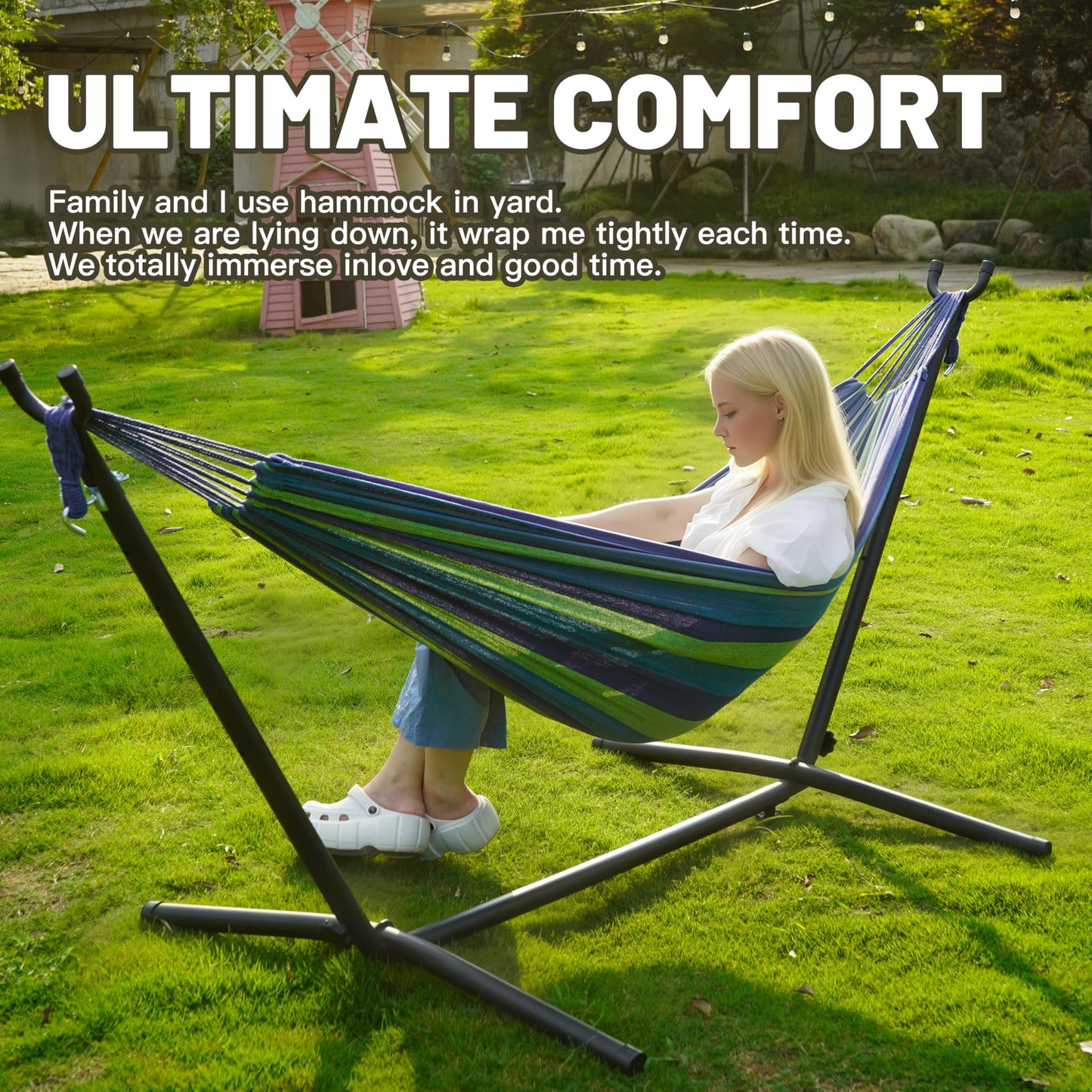 Hammock with Heavy-Duty Steel Stand for Outside，Hammocks 450 Lb Capacity，Portable Hammock，2 People Standing Hammocks，Suitable for Beach，Backyard, Gardens, Patio, Bedroom，100 * 40 * 38 Inch (Blue)