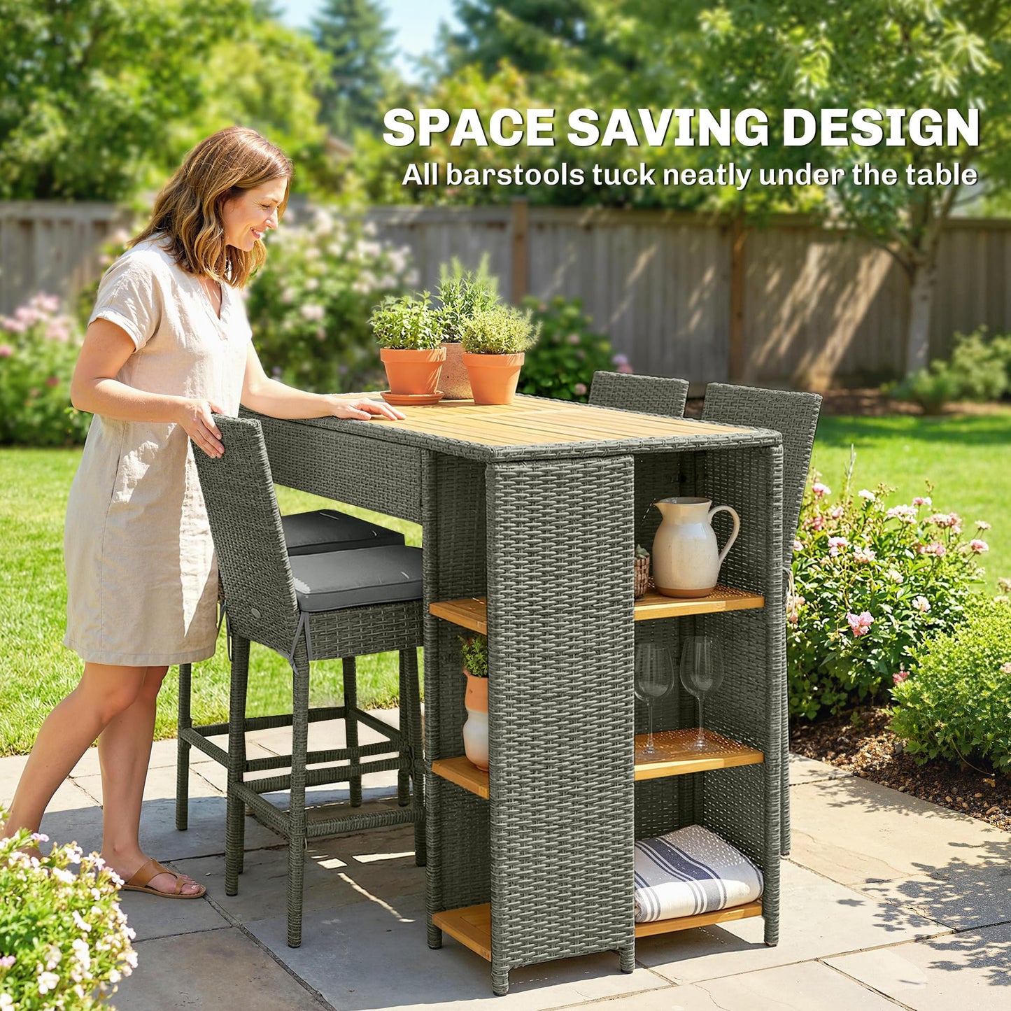 Outsunny 5 Piece Outdoor Bar Set, Wicker Outdoor High Top Table and Chairs, 3 Tier Shelves, Acacia Wood Bar Height Patio Set, 4 Barstools with Cushions, Back, Footrest for Garden, Backyard, Gray