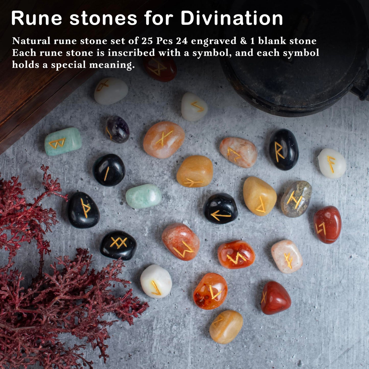 Crocon Rune Stones Sets 25 pcs Mix Chakra for Beginners with Elder Futhark Alphabets for Healing Chakra Crystals Reiki feng Shui Gemstone Runes Set Size: 15-20 mm with a Pouch & Rune brochure