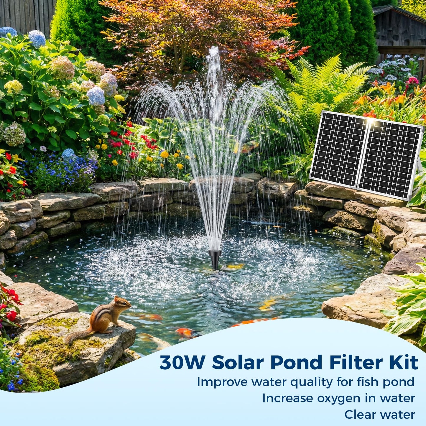 NFESOLAR 30W Solar Pond Filter Kit with Fountain Pump, 210 GPH Solar Pond Pump & Outdoor Filter Box, Submersible Water Pump with 16.4FT Cable & 6.6FT Tubing for Koi Pond, Fish Tank, Garden Fountain