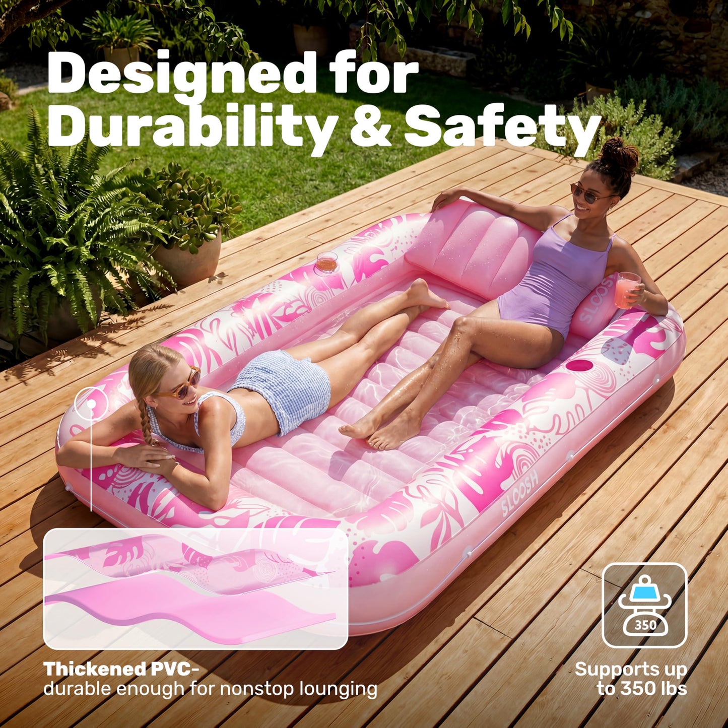SLOOSH Inflatable Tanning Pool Lounger Float, 85" x 57" Extra Large Pool Floats Adult with Pillow, 4 in 1 Suntan Tub Raft Floatie,Sunbathing Bed Lounge for Water Blow Up Ball Pit, XL-Blushing Pink