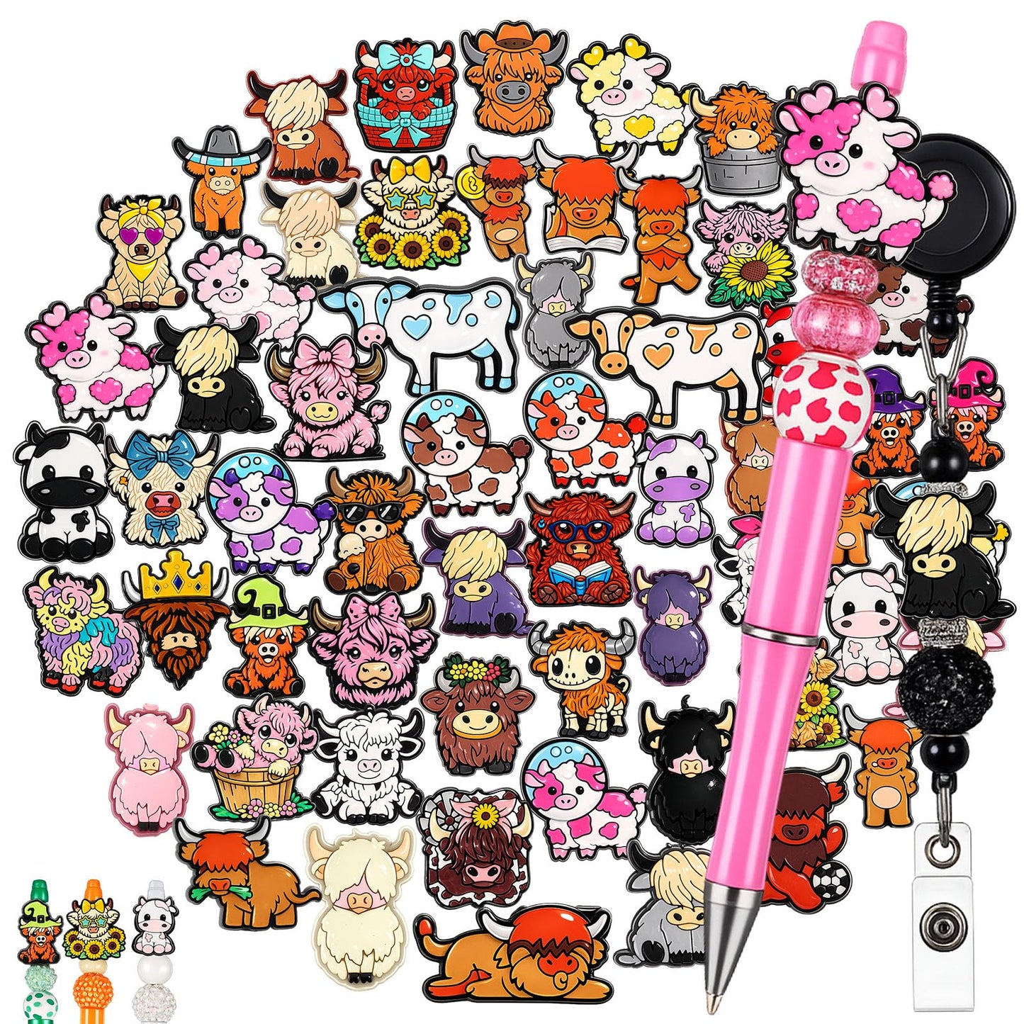 Tondiamo 60 Pcs Silicone Focal Beads for Pens Bulk Highland Cartoon Animal Theme Focal Bead for Beaded Pen Necklace Bracelet Charms Keychain Making Jewelry Making DIY Gifts(Cow)