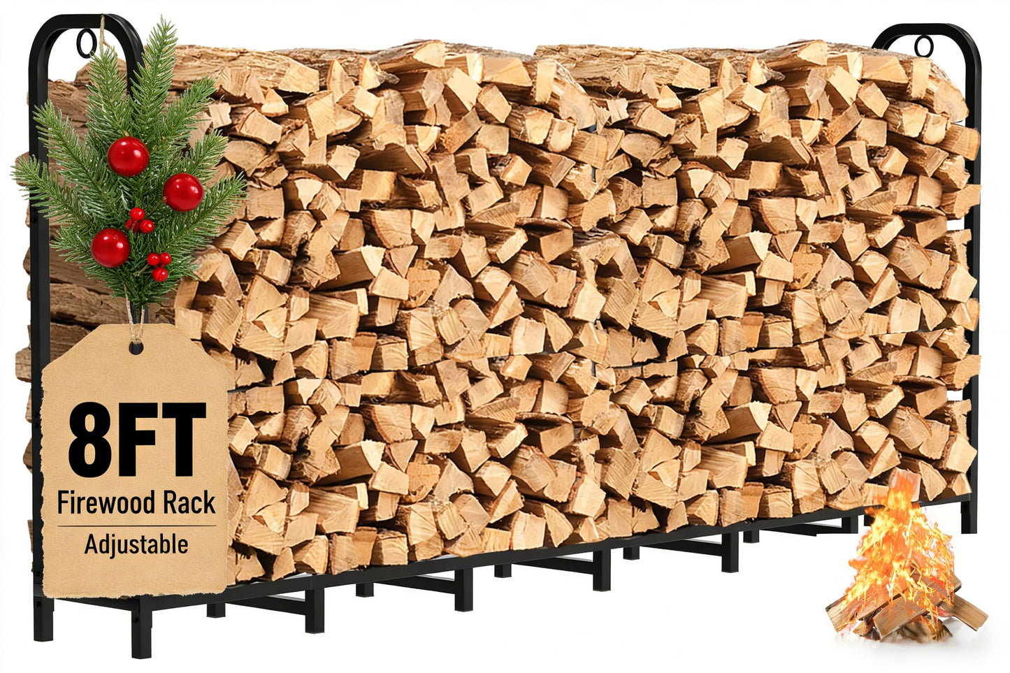 Gtongoko 8ft Heavy Duty Metal Firewood Rack Outdoor Indoor Adjustable Fire Wood Holder Rack for Fireplace, Log Racks for Firewood Outdoor, Wood Pile Storage Organizer, Black