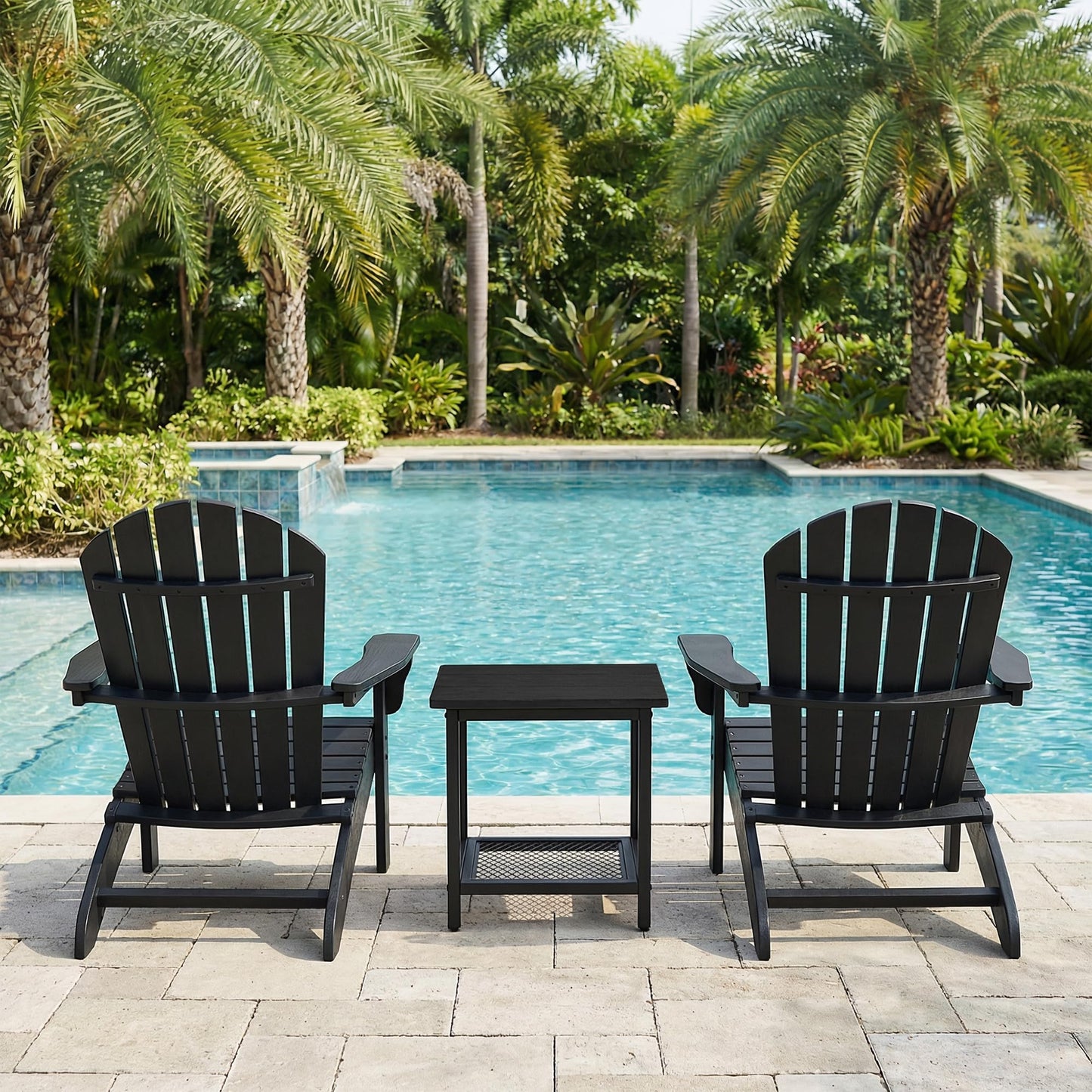 PyraLine 2-Tier Outdoor Side Table with Storage, Weather Resistant Patio End Table, HDPS Small Accent Table for Deck, Garden, Pool, Backyard, Black