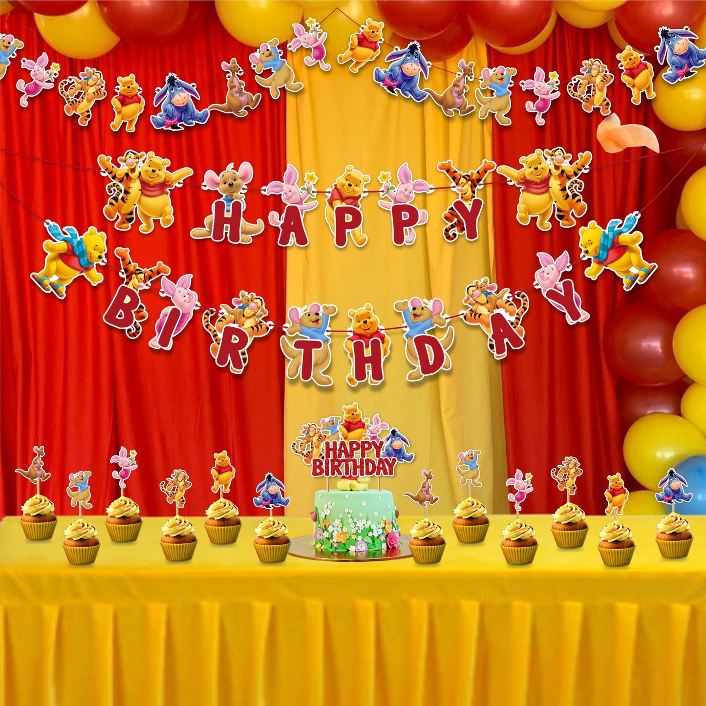 Winie The Pooh Theme Birthday Party Supplies, Cartoon Bear Party Decoration Set, Cute Themed Celebration Decor Kit for Birthday, Table Setup, Backdrop, Home Event Decoration Supplies