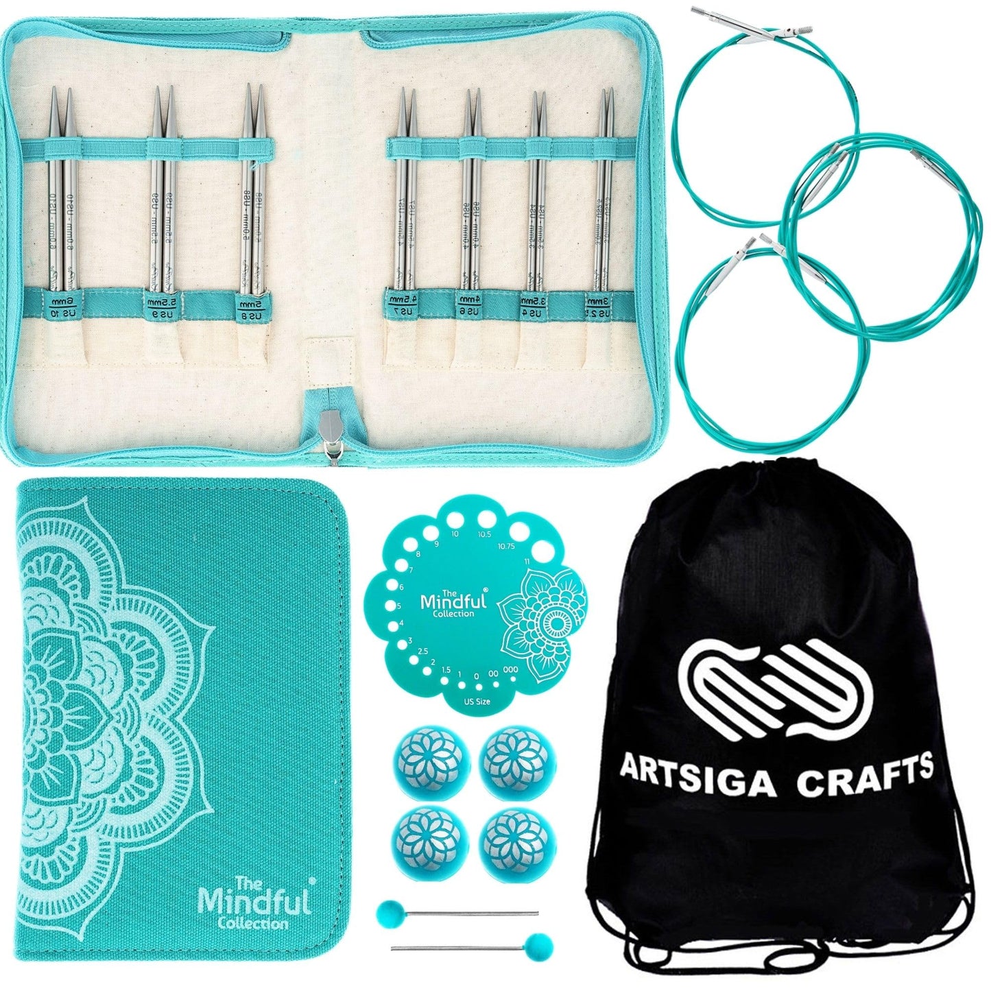KnitPro Mindful Believe Set 5 Inch Circular Knitting Needles Size 2.5, 4, 5, 6, 7, 8, 9, 10 Interchangeable, 3 Cables, 2 Connectors & More, Fabric Case with Project Bag