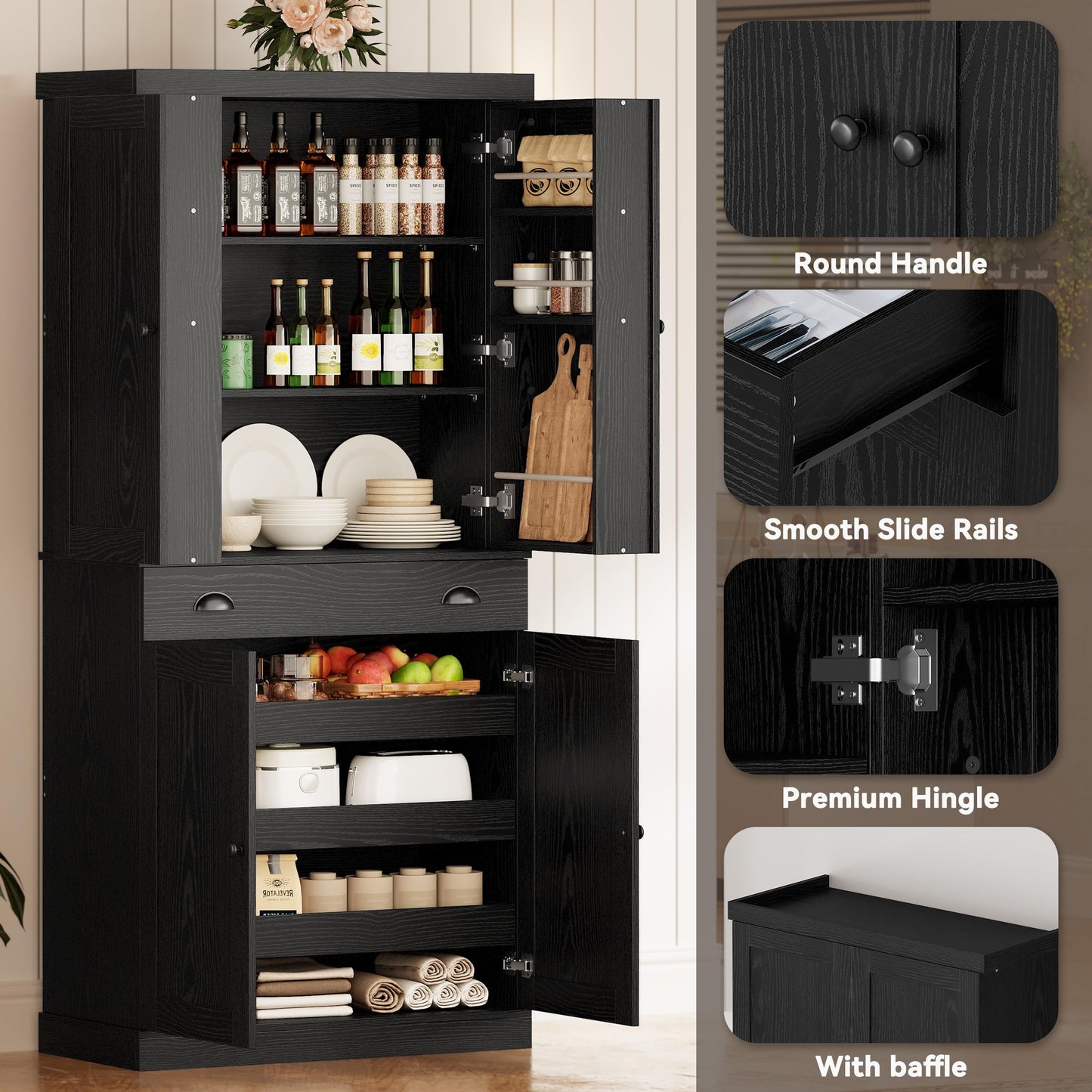 IRONCK Kitchen Pantry Cabinet 72" Height, Freestanding Cupboard with Drawer, Sliding Storage Rack, and 6 Hanging Shelves for Dining Room, Laundry, Living Room, Black
