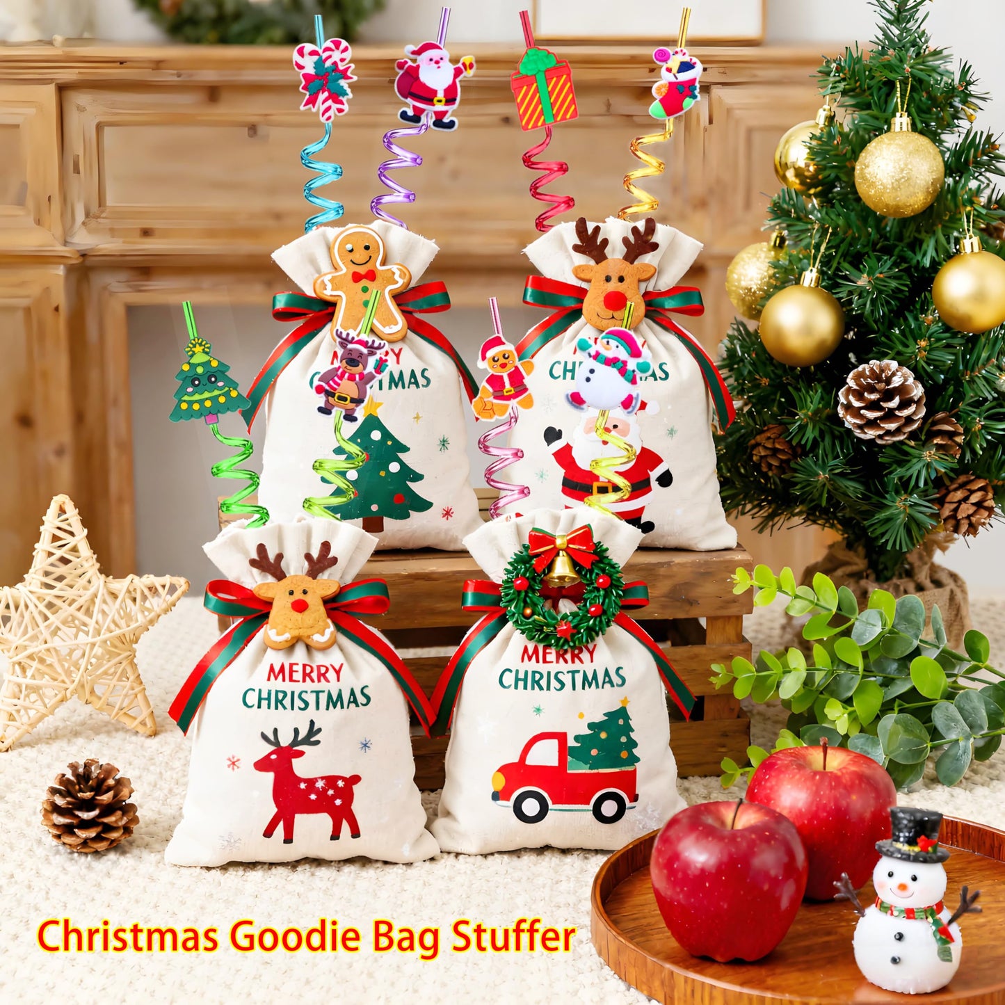 LEDUO 24 Christmas Party Favors Drinking Straws-Holiday Party Supplies-Reusable Xmas Santa Snowflakes Snowman Claus Reindeer Plastic Straw with Cartoon Decoration School Party Favors for Kids New Year