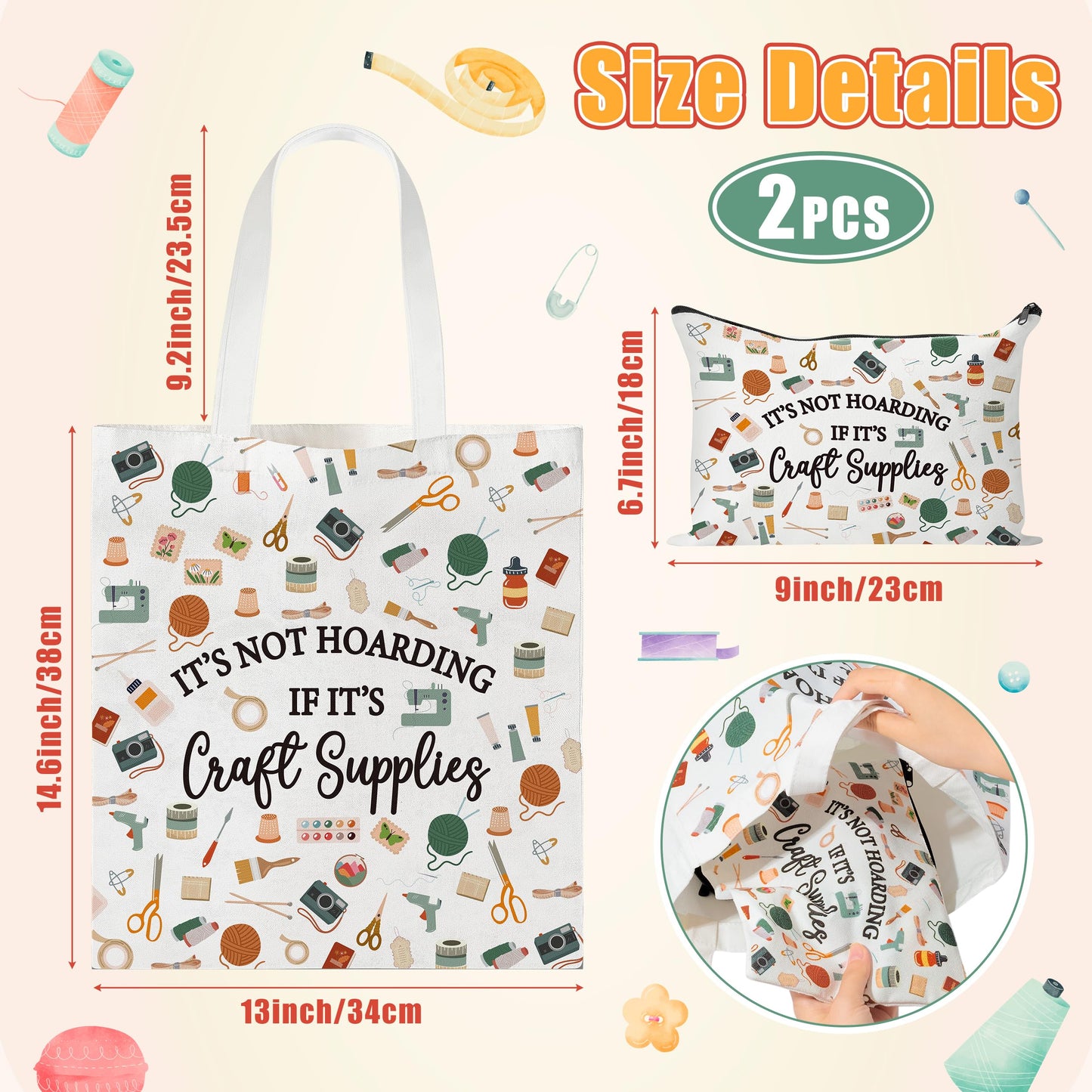 Y1tvei Crafter Canvas Bag Set - 2Pcs It's Not Hoarding If It's Craft Supplies Canvas Tote Bag Makeup Pouch, Craft Reusable Grocery Shopping Handbag Gift for Crafting Sewing Lover Birthday Party Favors