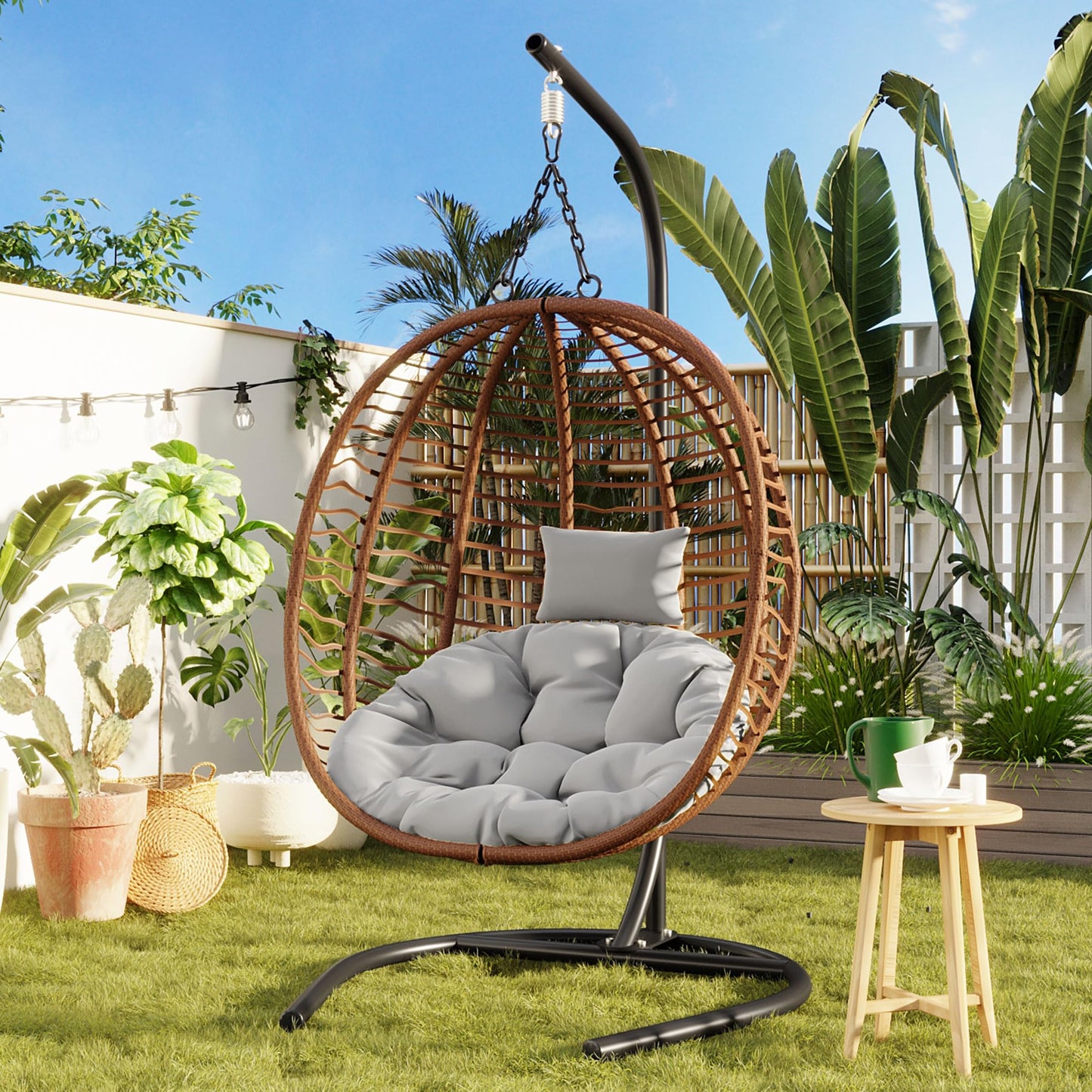GDFStudio Hammock Chair with Stand, Rattan Wicker Hanging Egg Chair with Cushion & Headrest, Iron Frame Folding Patio Hammock Swing Chair for Indoor Outdoor Balcony Porch Garden, 330 lbs, Brown+Gray