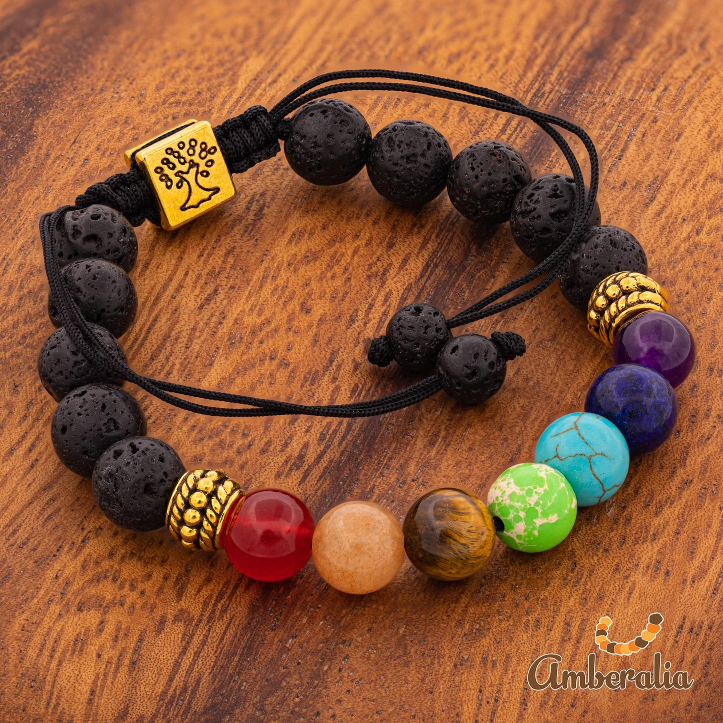 Amberalia Chakra Bracelet, Adjustable, Lava Stone Beads, Tree of Life Charm, Gold