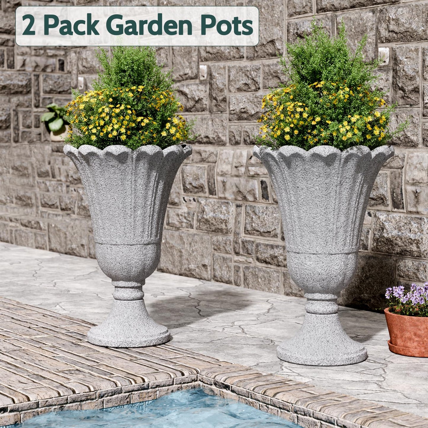 Trygoal 23.6" Tall Plastic Urn Planters for Outdoor Plants with Drainage Holes & Petal Design, Set of 2 Sturdy Base Classic Indoor Large Flower Pots, Outdoor Planters for Porch/Home/Garden, Slate Gray