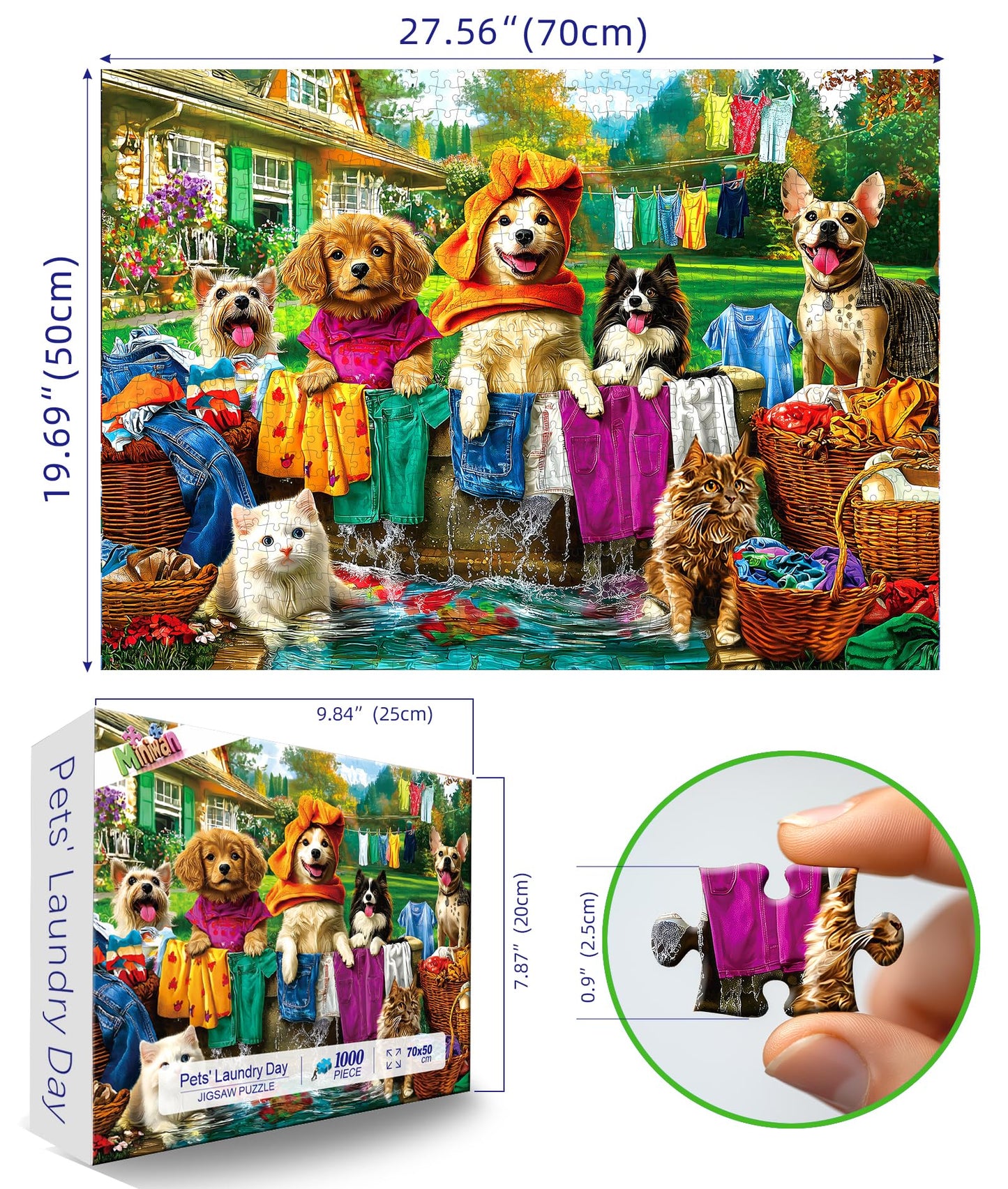 Laundry Day 1000 Piece Puzzle for Adults - Colorful Backyard Scene with Dogs & Cats Pet House Garden Jigsaw Puzzles, Unique & Fun Adult Games for Game Night Gift & Family Activities