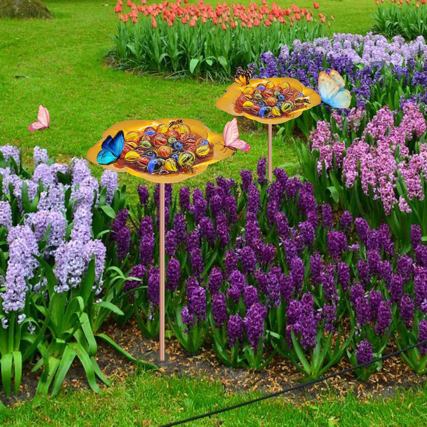 Large Bee Watering Station-Golden Butterfly Puddler Bee Bath & Feeder with Metal Stakes - 30 Glass Marbles, Vivid Flower Design, Garden Yard Decor (Golden-2PACK)