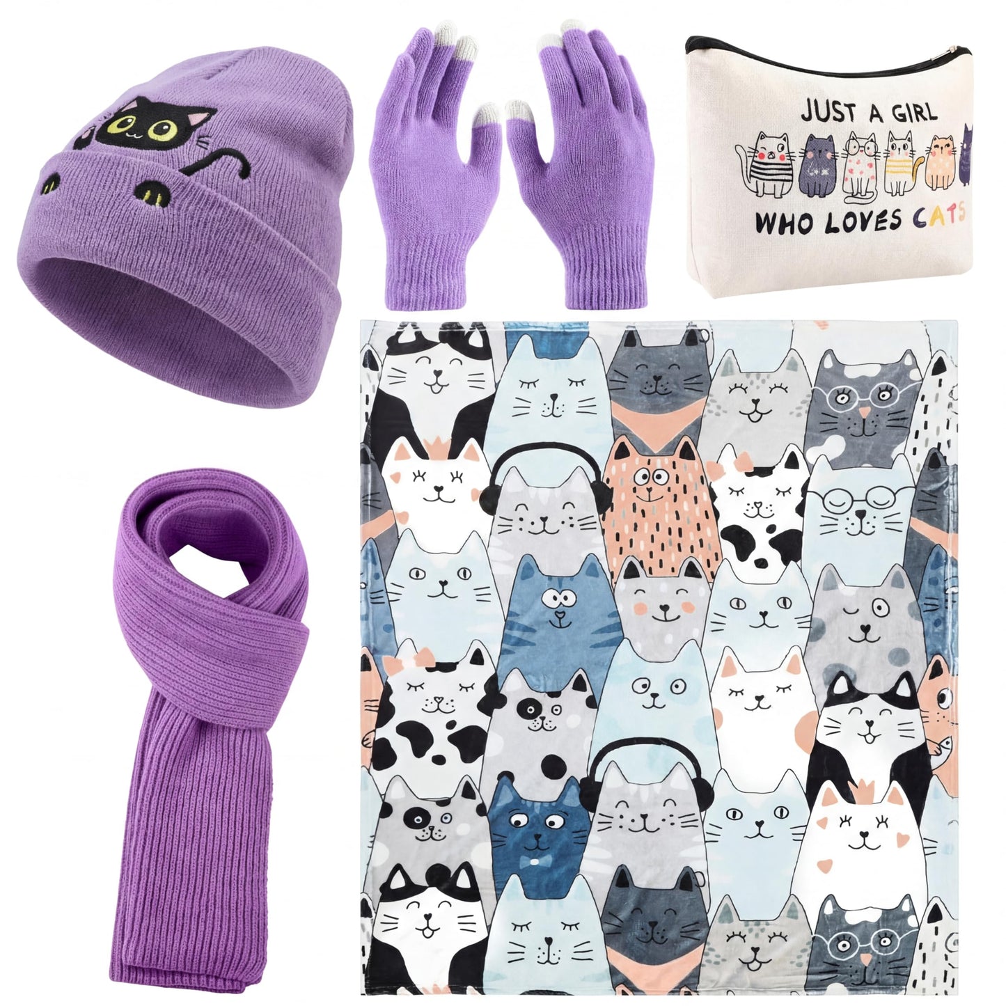 Mepase 6 Pcs Winter Cat Gifts Set for Women Birthday Include Cat Beanie, Scarf, Touchscreen Gloves, Flannel Throw Blanket Makeup Pouch and Transparent Zip Tote Purple Knit Valentine Gift Accessories