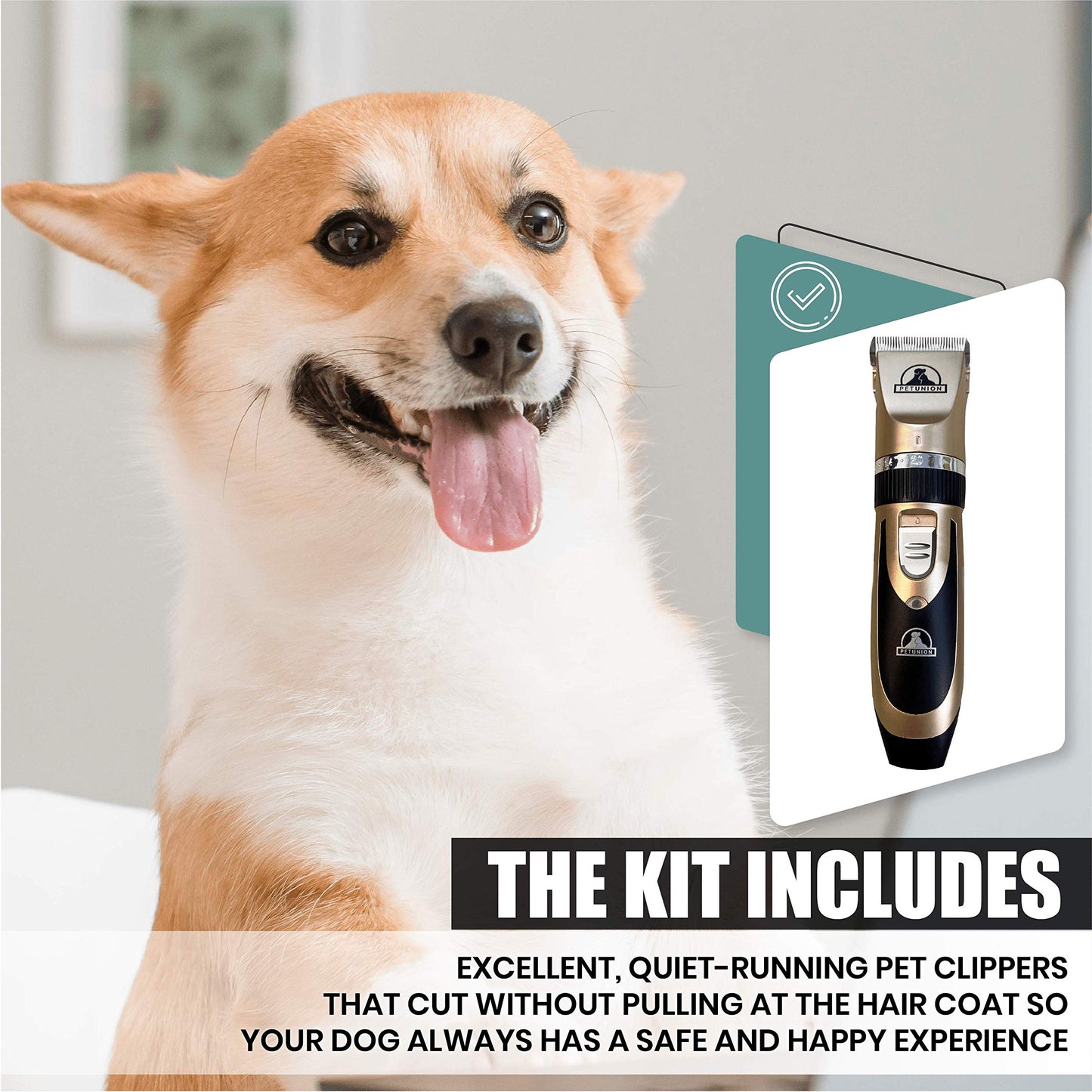 Pet Union Professional Dog Grooming Kit - Rechargeable, Cordless Pet Grooming Clippers & Complete Set of Dog Grooming Tools. Low Noise & Suitable for Dogs, Cats and Other Pets (Gold)