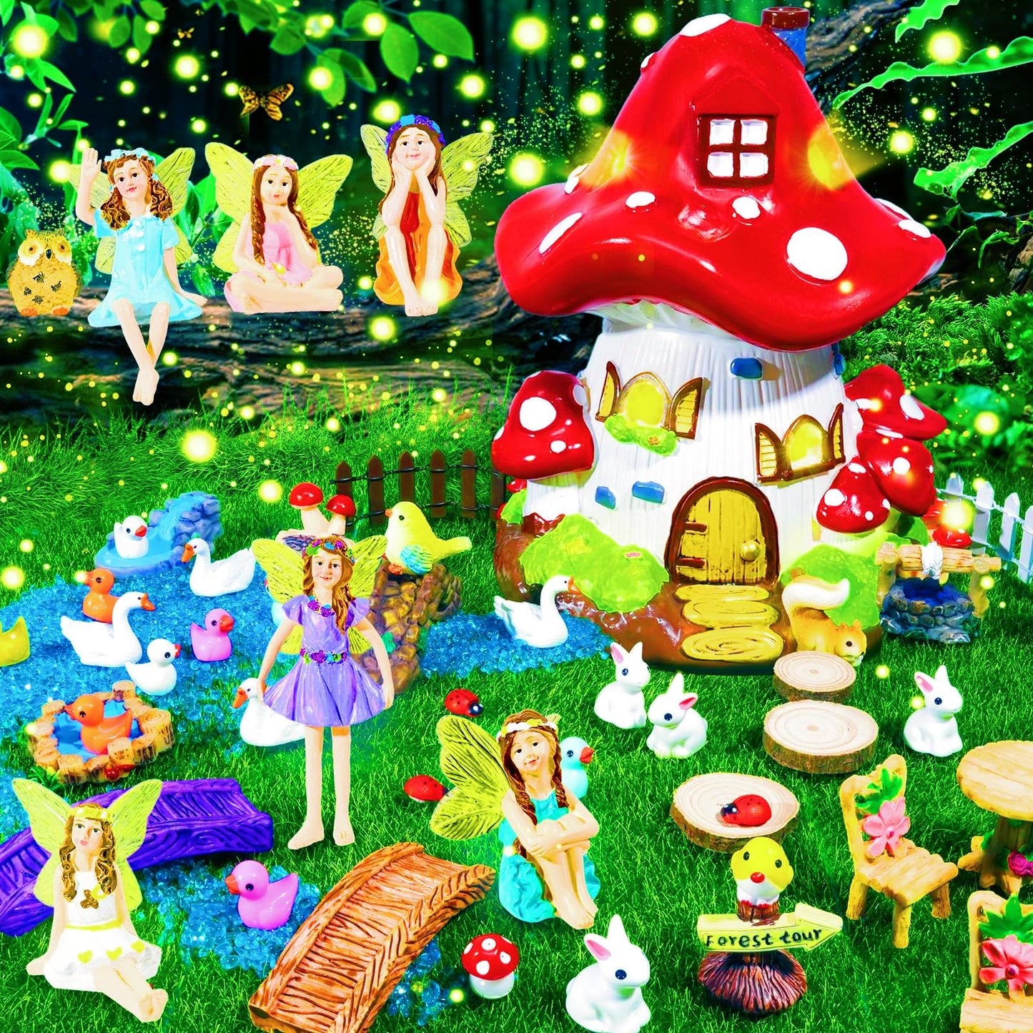 Pamonrueer 56 Pcs Fairy Garden Kit Miniature Mushroom House Set with Fairy Figurines Animals Furniture & Bridge DIY Fairy Garden Accessories for Outdoor Indoor Terrarium Decor