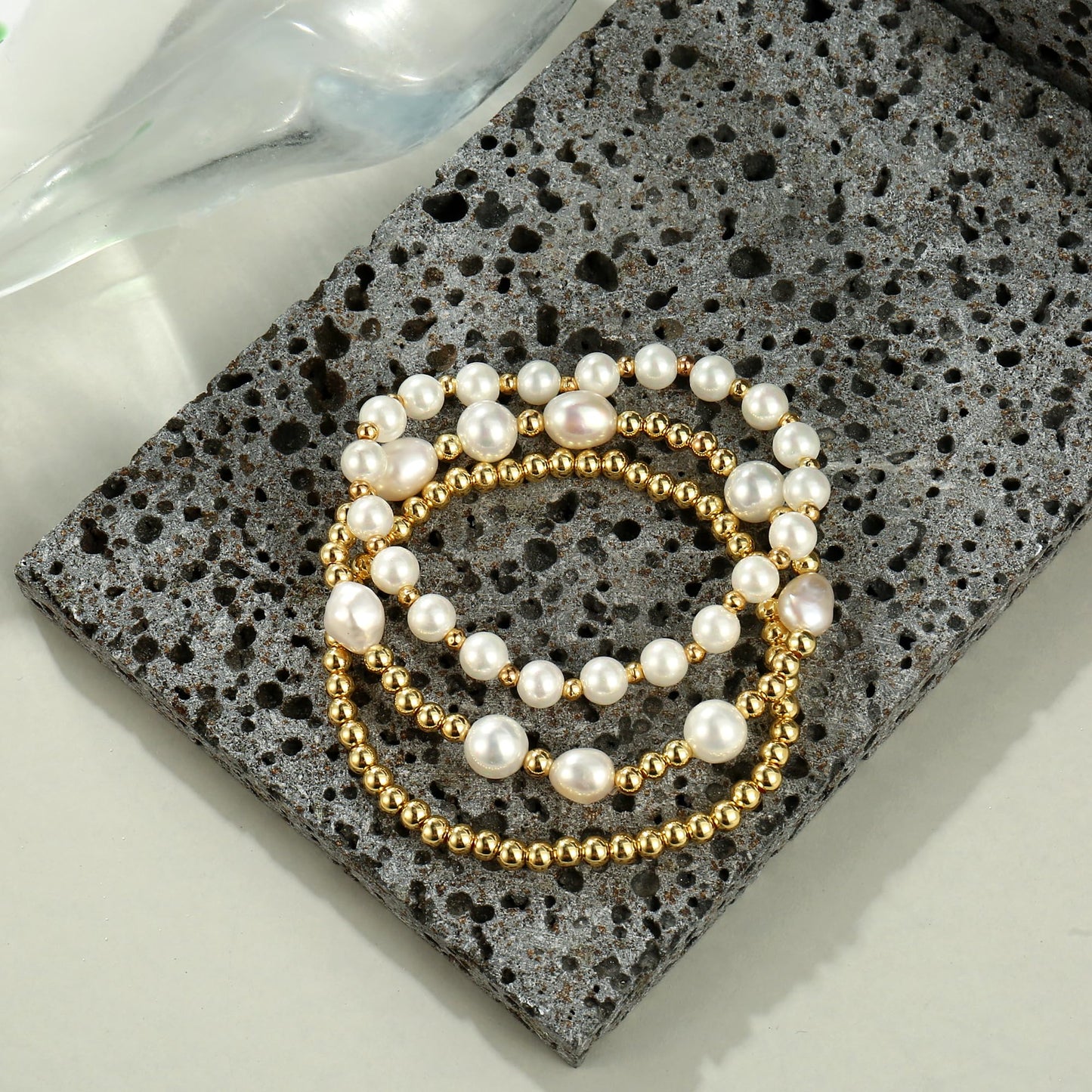 Gold Pearl Bracelets for Women Baroque Beaded Stackable14K Gold Plated Stretch Bead Ball Bracelet Jewelry Gifts （3PCS)