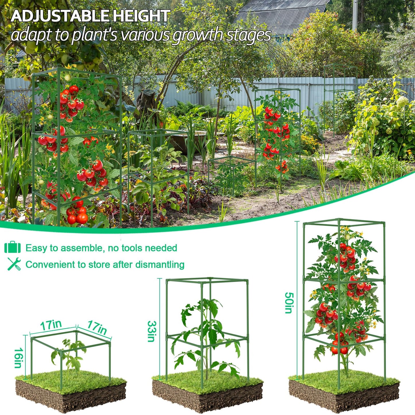 WLLEYAY 3 Pack Tomato Cages, Square Tomato Plant Stakes Support Cages Trellis, 50 * 17 * 17in Heavy Duty Steel Plant Tower Stakes Cucumber Trellis for Garden Climbing Vegetables Flowers Fruits, Bold