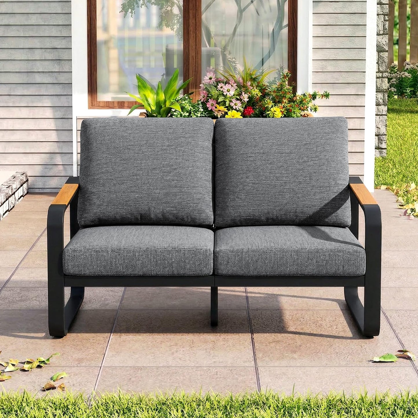 Tribesigns Outdoor Loveseat with Tall Back & Oversized Seat, Modern Metal Frame Patio 2-Seater Sofa with 6'' Thick Cushions, All-Weather Conversation Sofa for Backyard, Porch, Balcony, Poolside, Gray