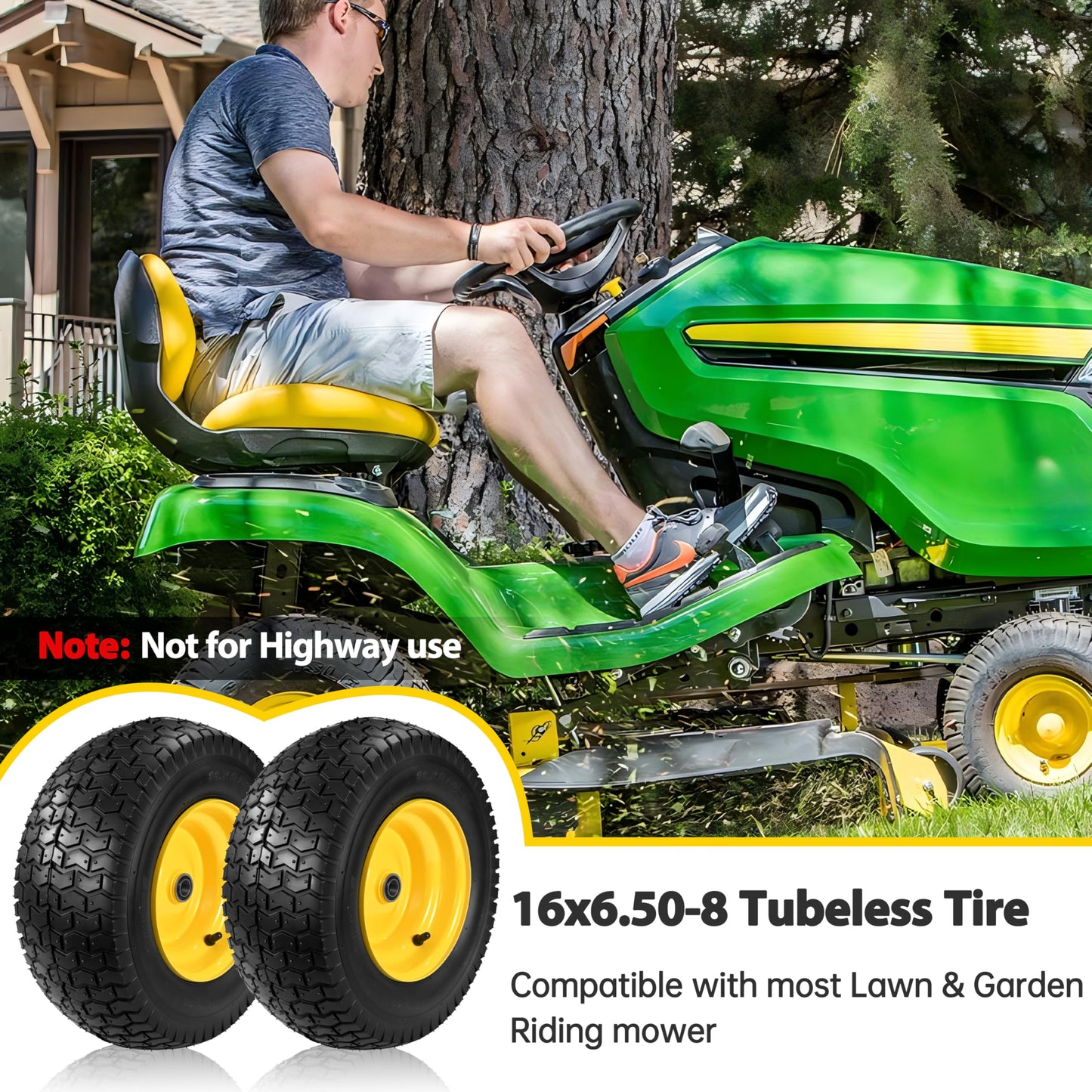 2 Pcs 16x6.50-8 Tubeless Lawn Mower Tire and Wheel, 16x6.5-8 Lawn Mower Tire, with 3/4" Bearing (extra 1" Bushing), 3-5" Offset Hub, 4-Ply Tubeless, 35 PSI, Fits Riding Mower & Lawn Tractors, 715 lbs