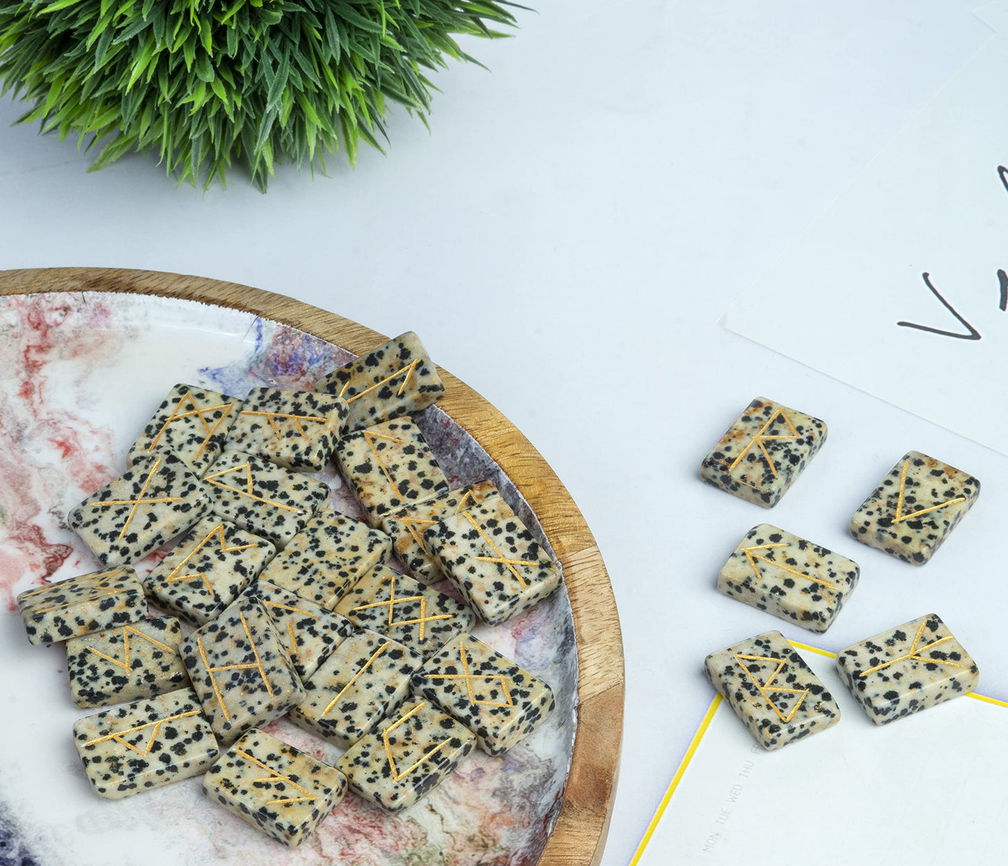 Crocon Dalmatian Jasper Rectangle Shape Gemstone Runes with Elder Futhark Alphabet Engraved 25 pcs Rune Set Crystal Divination Metaphysical Healing Chakra Reiki Runes Set with a Pouch Size : 20-25mm