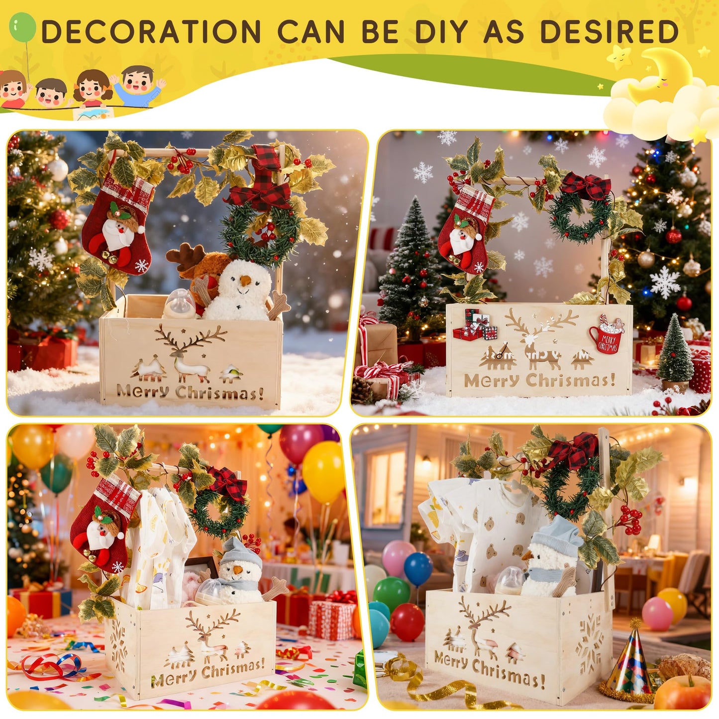 XIANMEI Wooden Baby Shower Crate Closet, Shower Basket with Artificial Vines & Garland, Perfect Gifts for Newborn, Pregnancy New Parent