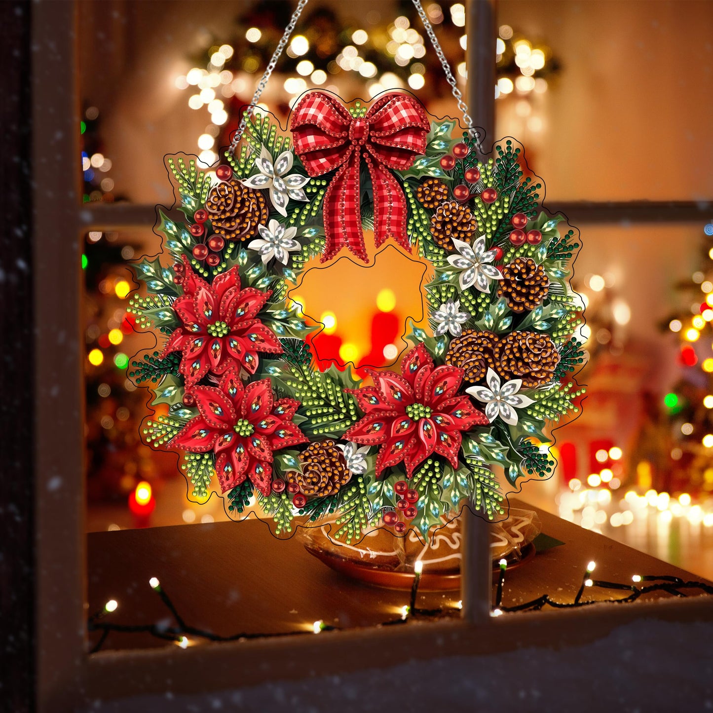 Diamond Art Hanging Kit for Adult,Special Shaped Rhinestone,DIY Acrylic Diamond Art Painting Window Pendants Home Garden Wall Hanging Kits Hanging Ornament,Double Sided. (Christmas Wreath)