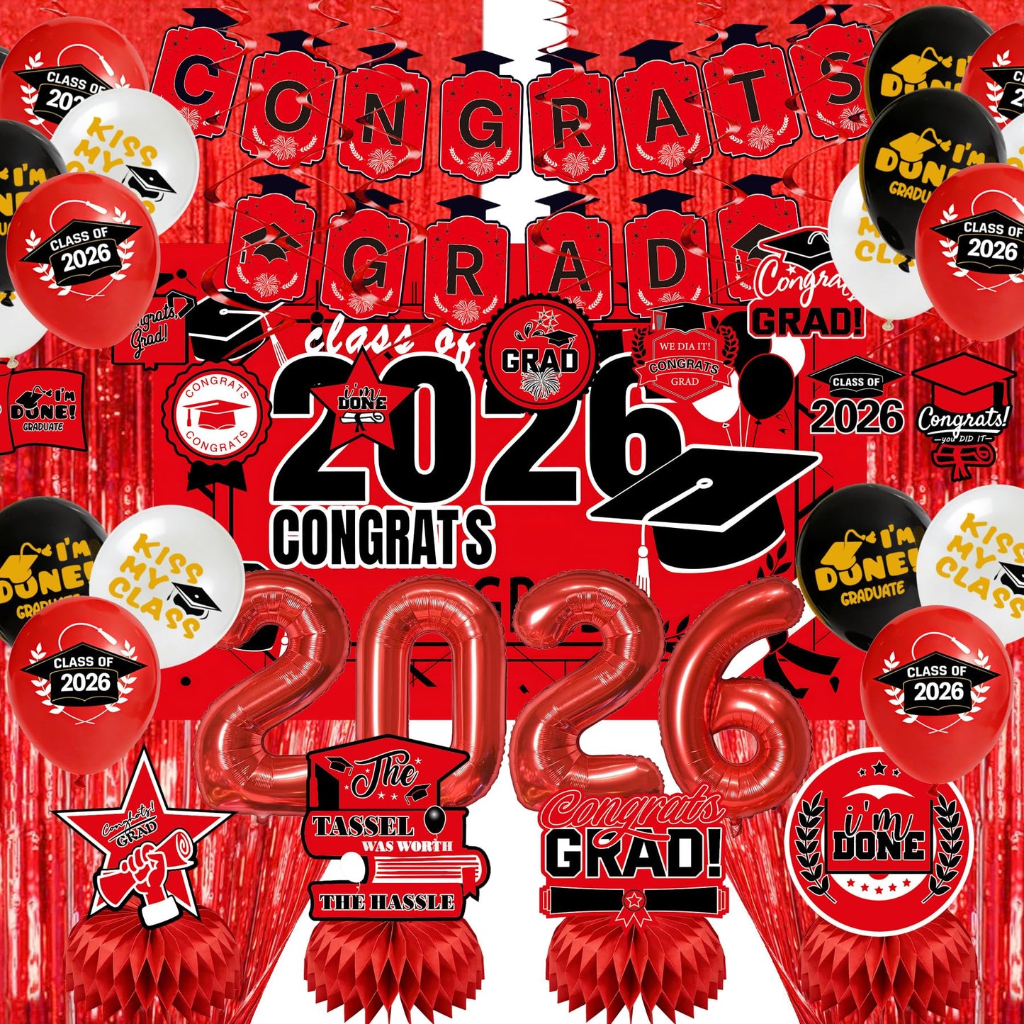 Graduation Party Decorations 2026–Black Red Grad Banner, Class of Backdrop, Balloons, Fringe Curtains and Foil Balloon, Streamers Kit–Complete Graduation for High School & College Celebrations (Red)
