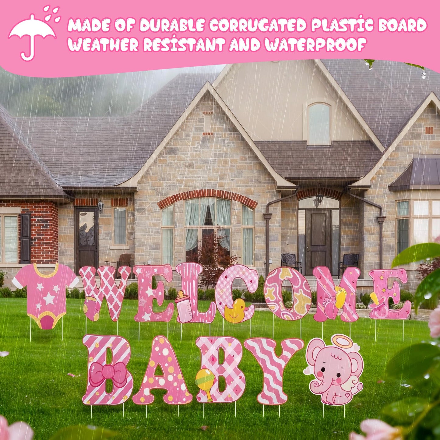 13 Pcs Baby Shower Yard Sign with Stakes, 12 Inch Its A Girl Lawn Garden Sign Gender Reveal Outdoor Decoration Welcome Home Baby Girl Party Supplies (Pink)