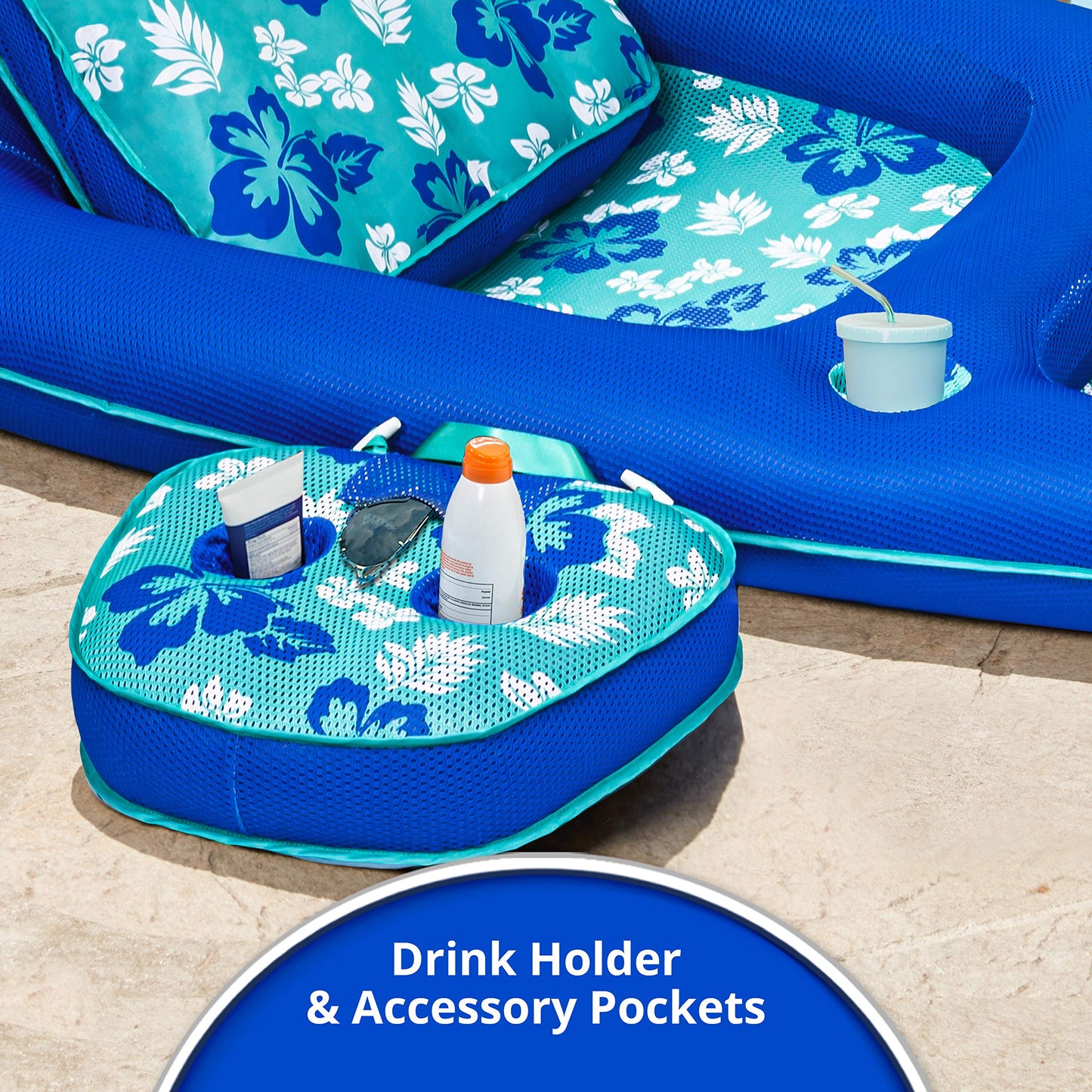 Aqua Campania Ultimate 2-in-1 Pool Float Lounge – Extra Large – Inflatable Pool Floats for Adults with Adjustable Backrest & Cupholder Caddy – Teal Hibiscus