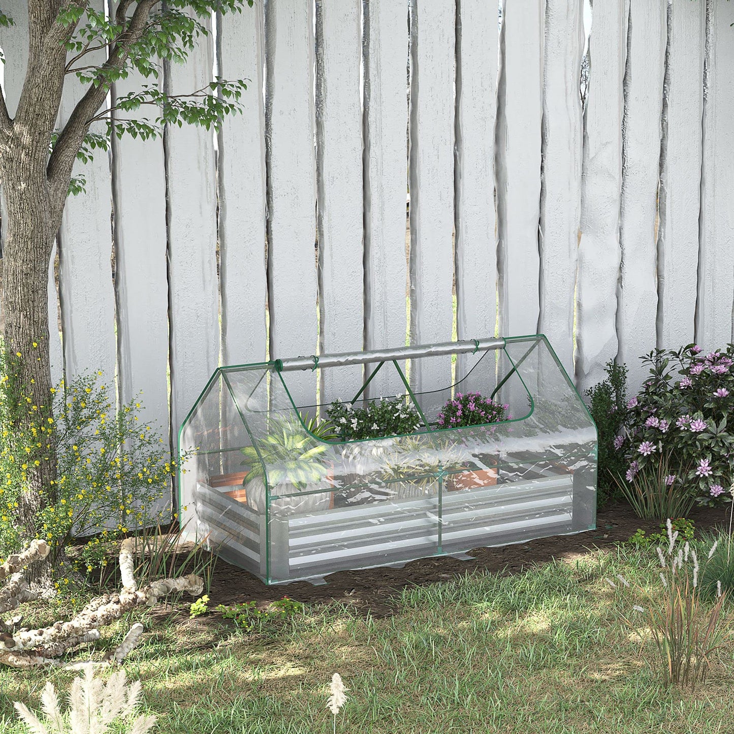 Outsunny 6 x 3 x 1ft Metal Planter Box with Mini Greenhouse, Galvanized Raised Garden Bed with Cover for Herbs and Vegetables, Small Greenhouse for Patio Garden Balcony, Clear and Silver