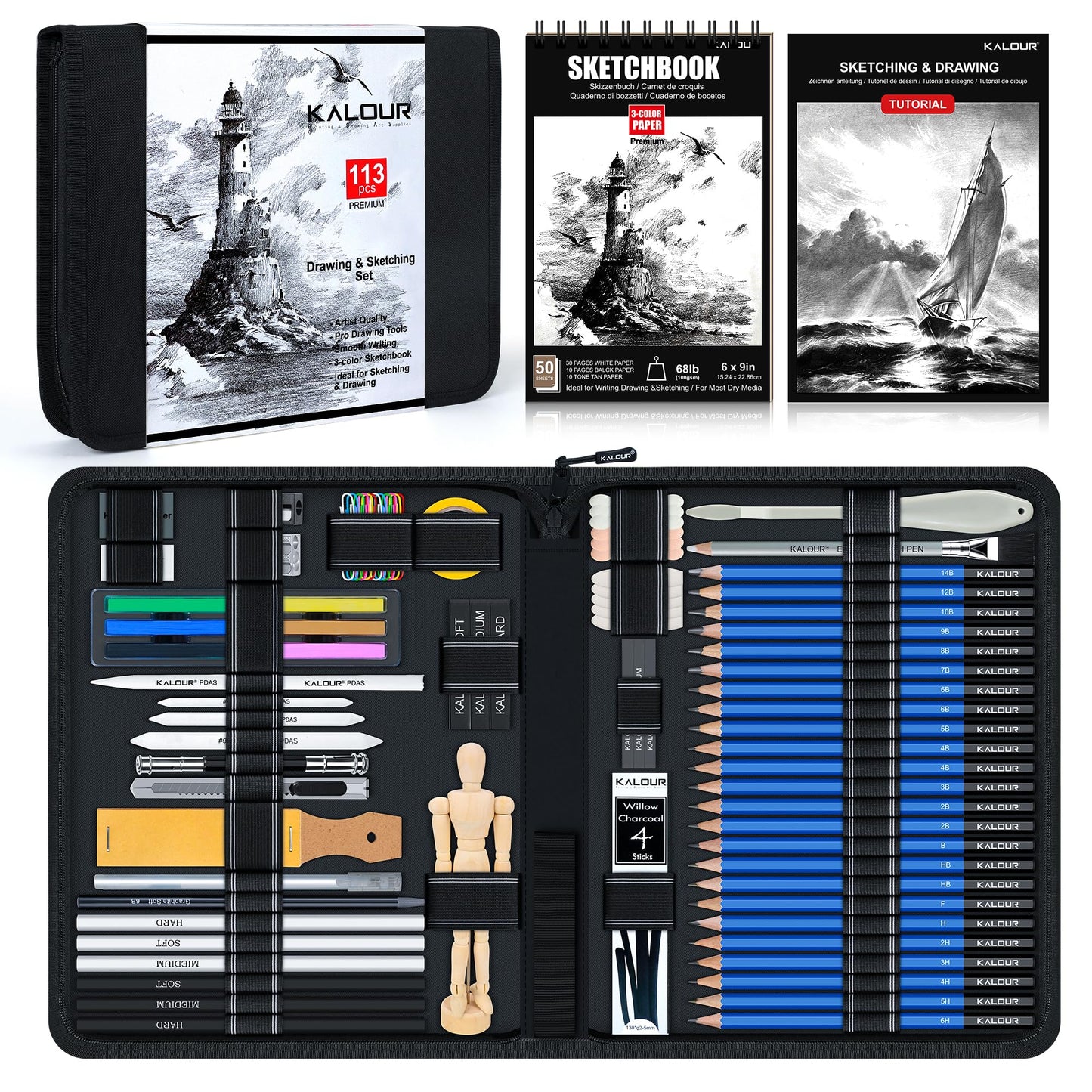 KALOUR 113PCS Drawing Set, Professional Sketching Kit with 3-Color Sketchbook,Graphite & Charcoal Pencils, Wooden Mannequin, Art Tools in Zipper Case, Art Supplies for Beginners & Artists Gift