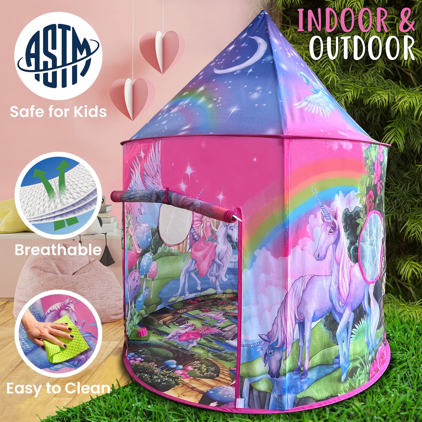 W&O Unicorn Sparkle Play Tent with Magical Unicorn Sounds - Captivating Pop Up Tent for Girls - Perfect for Indoor & Outdoor Play